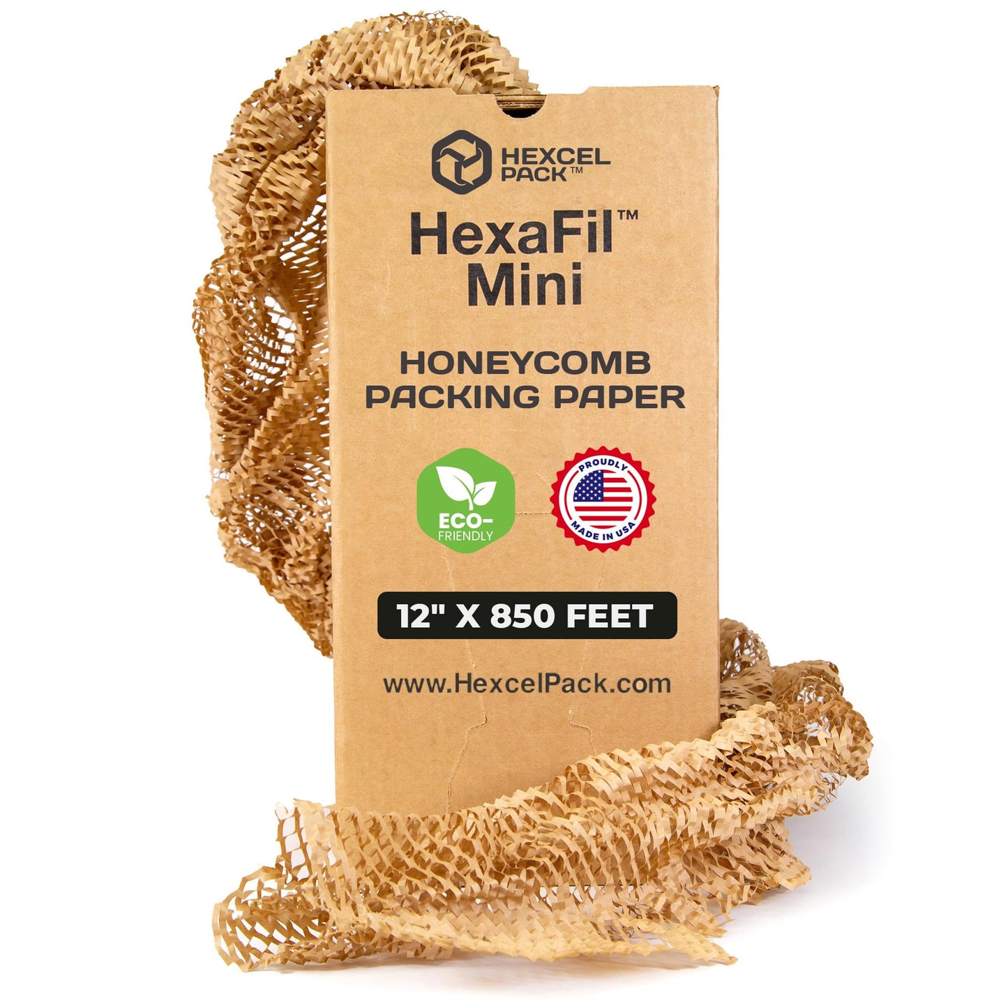 HexcelPack HexaFil Mini - Honeycomb Packing Paper, Eco-Friendly, Sustainable Filler for Shipping & Moving, Cushioned Packing Material in Dispenser Box, Alternative to Bubble Wrap - Natural, 12" x 850'