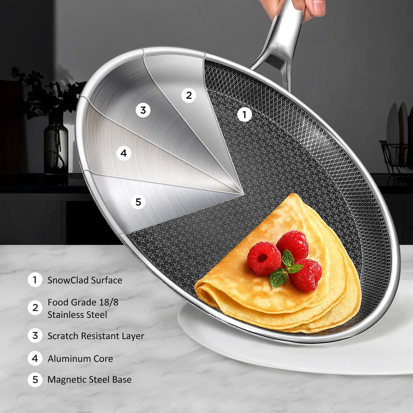 SNOWCLAD Crepe Pan,12 in Nonstick Crepe Pan, Stainless Steel Flat Skillet,Non Stick Dosa Tawa Comales Para Tortillas Pancake Pan,Dishwasher and Oven Safe Cookware,Induction Compatible, PFOA Free