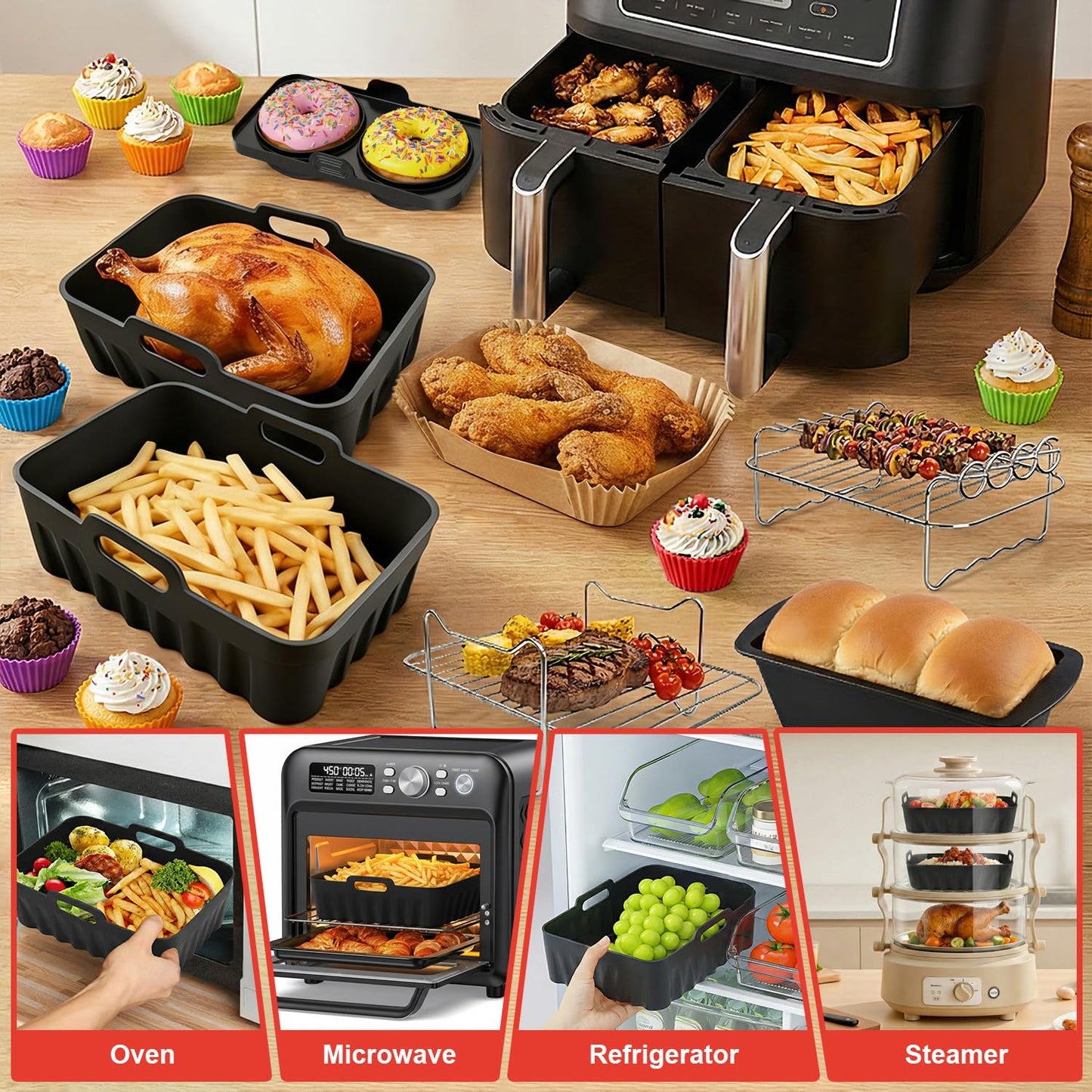 Dual Air Fryer Accessories, Reusable Compatible for Ninja Foodi DZ201, DZ401, DZ550, DZ302, COSORI 9QT, Chefman, Instant, and 6-in-1 8-10QT Dual Basket Air Fryersr,Silicone Liner, Grill