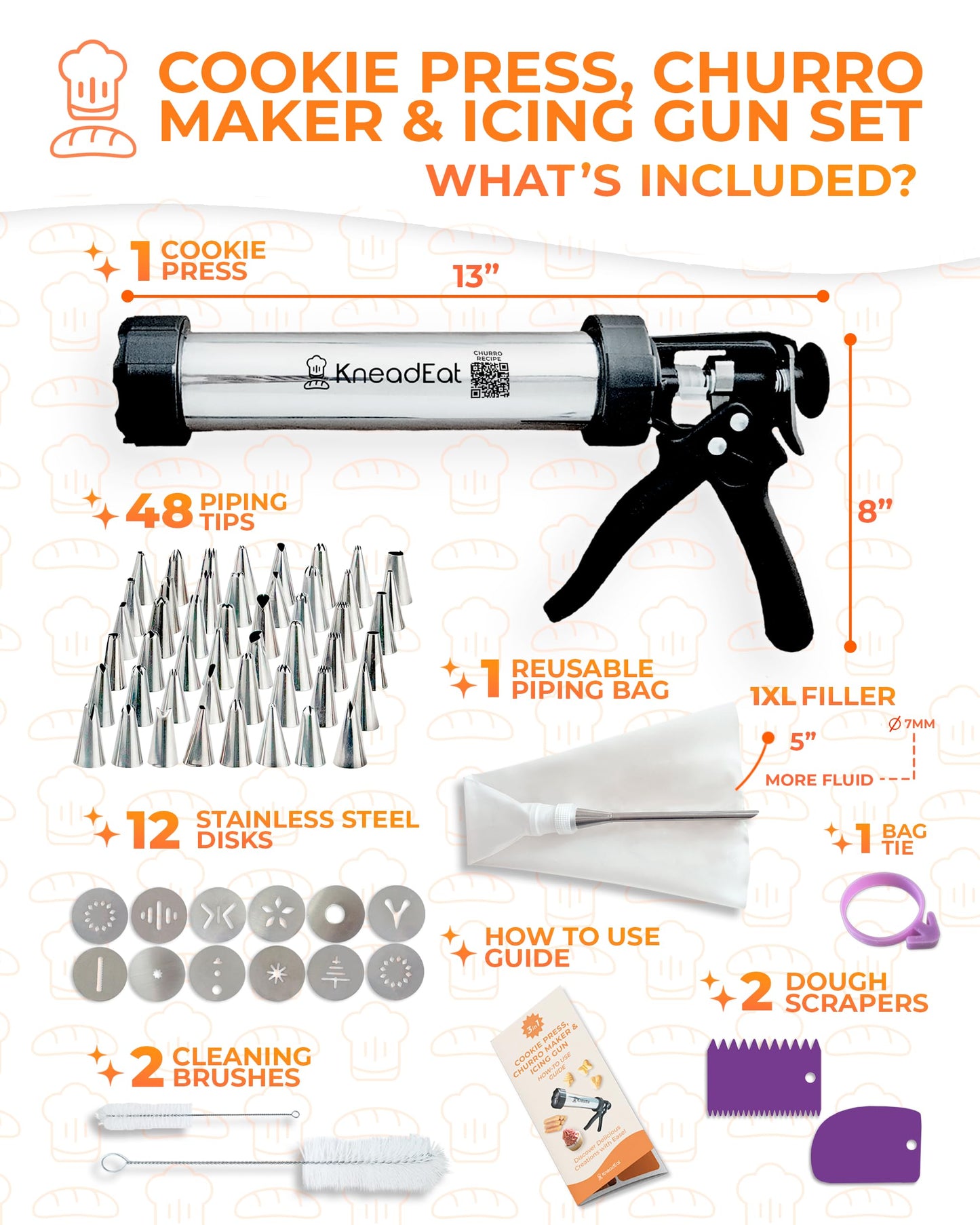 KneadEat Premium 68pc Churro Maker - Spritz Cookie Press Gun Kit - Icing Gun. 12 Cookie and Churro Discs. 48 Icing Tips. XL Filler. Piping Bag. Brushes. For Churros, Cookies and Cake Decorating.