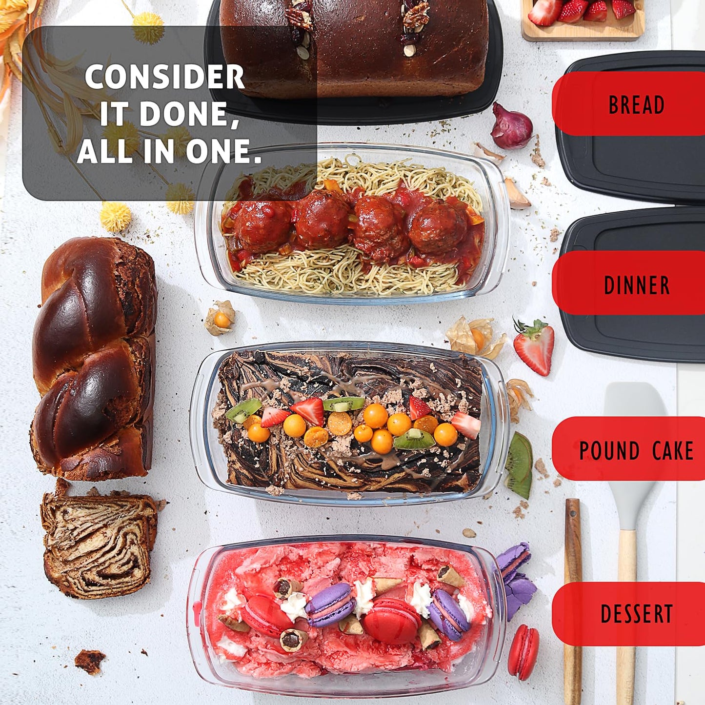 EATEX Glass Bread Pans for Homemade Bread Baking, 1.9 Quart Deep Rectangular Glass Food Storage Containers with Lids, 3 Bread Loaf Pans 3 Airtight Lids Black Microwave Oven & Freezer Safe
