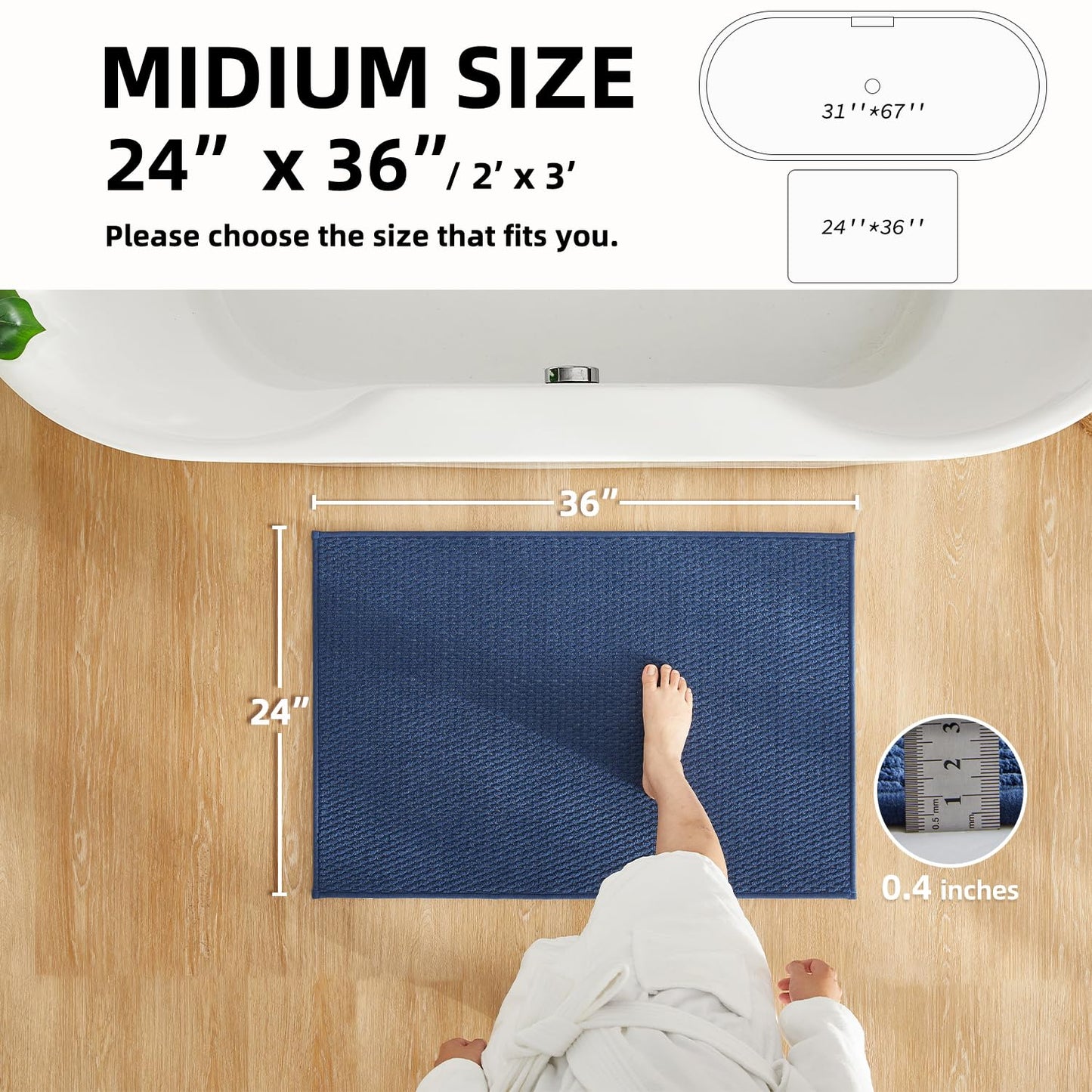 TYUU Bathroom Rugs Non Slip Washable, Super Absorbent Thin Bath Mat Quick Dry Low Pile Bathroom Rug, Navy Blue 24"x36"