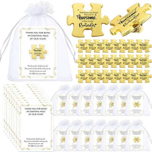 Solsew 72 Sets Employee Appreciation Gifts Bulk Puzzle Piece Lapel Pin Thank You Card and Organza Bag Building Recognition Soccer Baseball Team Gift for Employee Office Staff Coworker (Awesome)