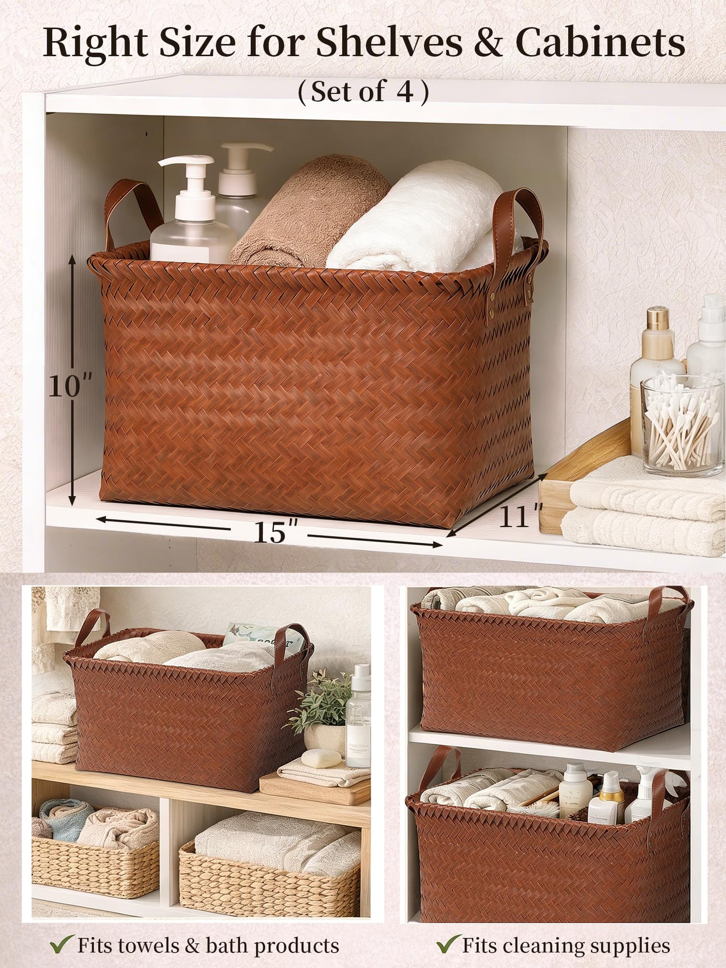 Panovox Hand Woven Baskets for Storage, 4Pcs Water-Resistant Wicker Baskets, Brown Wicker Storage Baskets for Shelves, Large Basket with Handle for Organizing, Clothes, Laundry, Blanket - Rectangular
