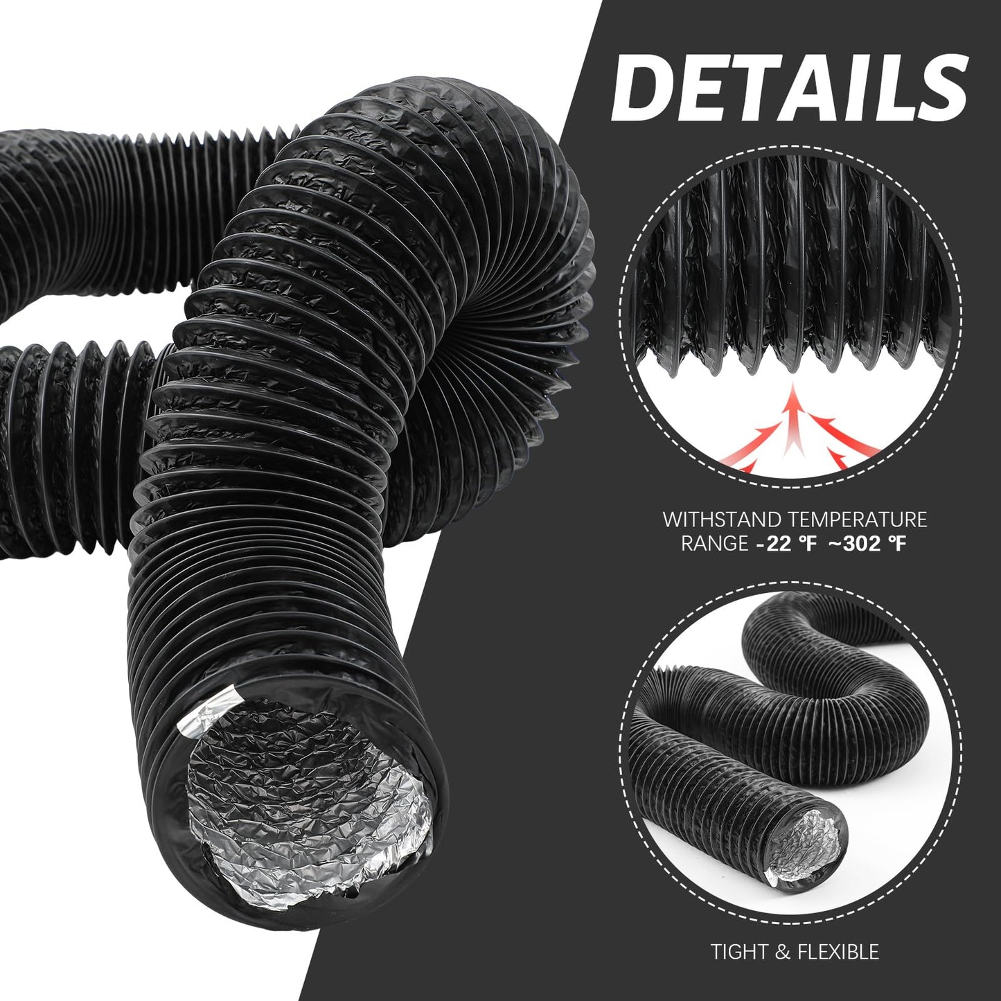 Zonon Dryer Vent Hose 4 Inch X 50 Feet Flexible Aluminum Foil Ducting Non Insulated with Stainless Steel Clamps and Aluminum Tape for Pipe, HVAC Heating Cooling Ventilation and Exhaust (Black)