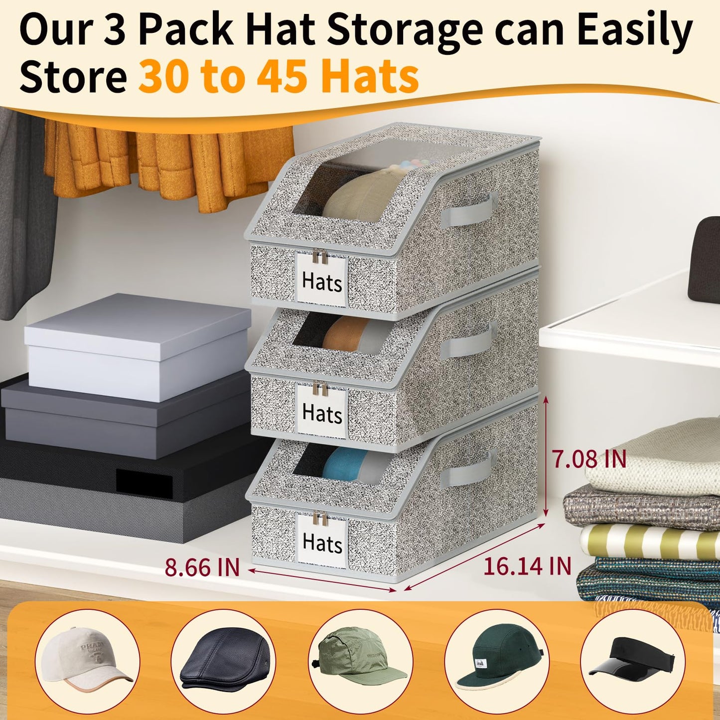 3 Pack Stackable Hat Organizer for Baseball Caps, Hat Storage with Clear Window Lid, Holds up to 45 Ball Cap Storage Organizer, Foldable Hat Box Holder with Cardboard, for Closet Bedroom Shelf(Grey)