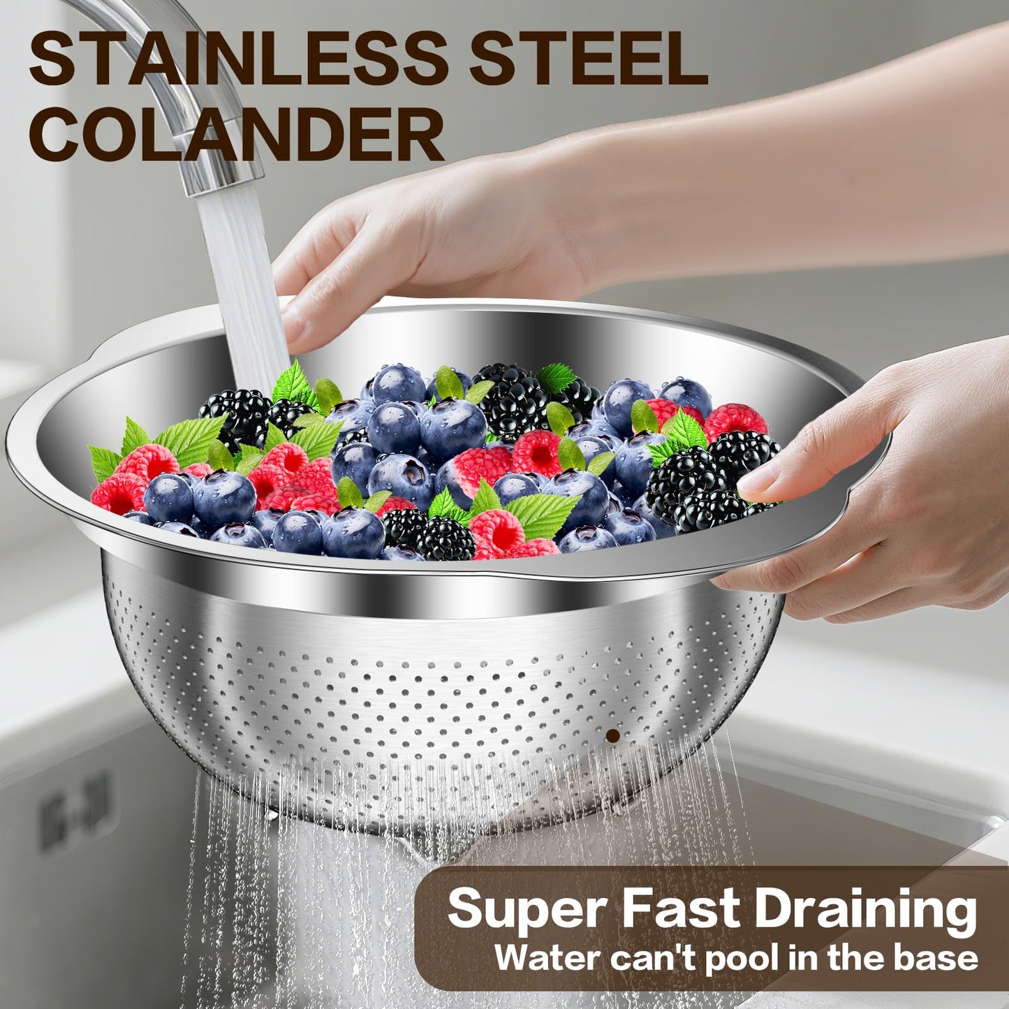 Stainless Steel Colander for Kitchen, Stainless Steel Strainer, Pasta Strainer for Spaghetti Fruit Cooking Food, 3 Pcs Strainers and Colanders(2QT, 3QT, 5QT), Dishwasher Safe, Kitchen Present