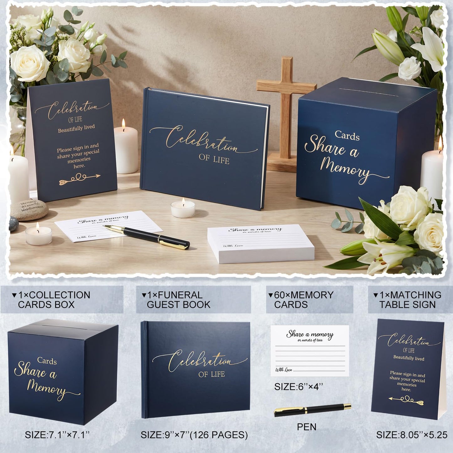 Engrowtic 64 Pcs Guest Book Set Funeral Guest Book Celebration of Life for Memorial Service with 60 Pcs Share a Memory Cards Box Table Pen Guestbook Sign in Loving Memory for Registry(Blue)