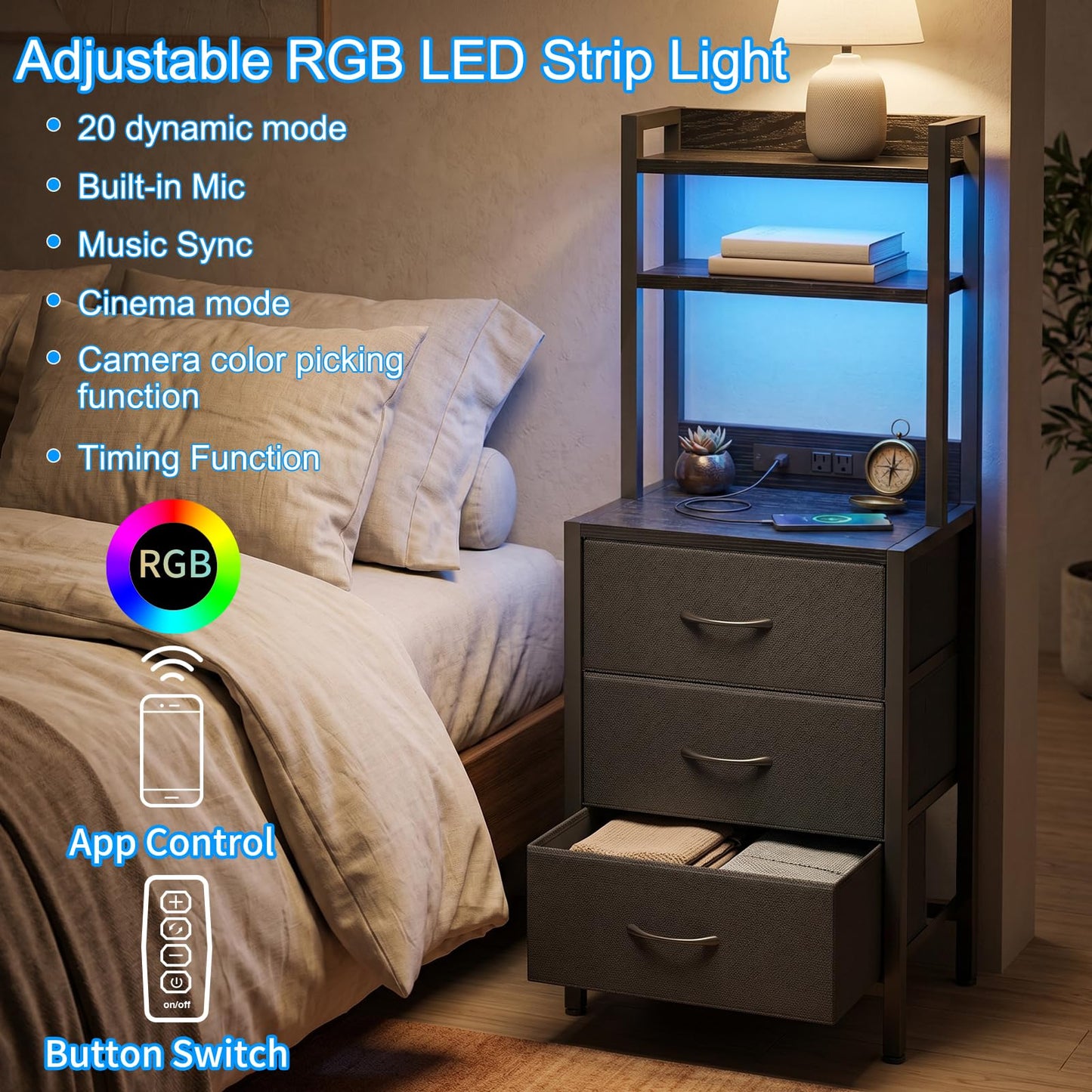 Fixwal 41 Inch Tall Nightstand with Charging Station, 3 Fabric Storage Drawers and Shelves, Led Night Stand with U-S-B Port & Socket, Bedroom Dorm Office, Bedside Table & Bookshelf in One, Black