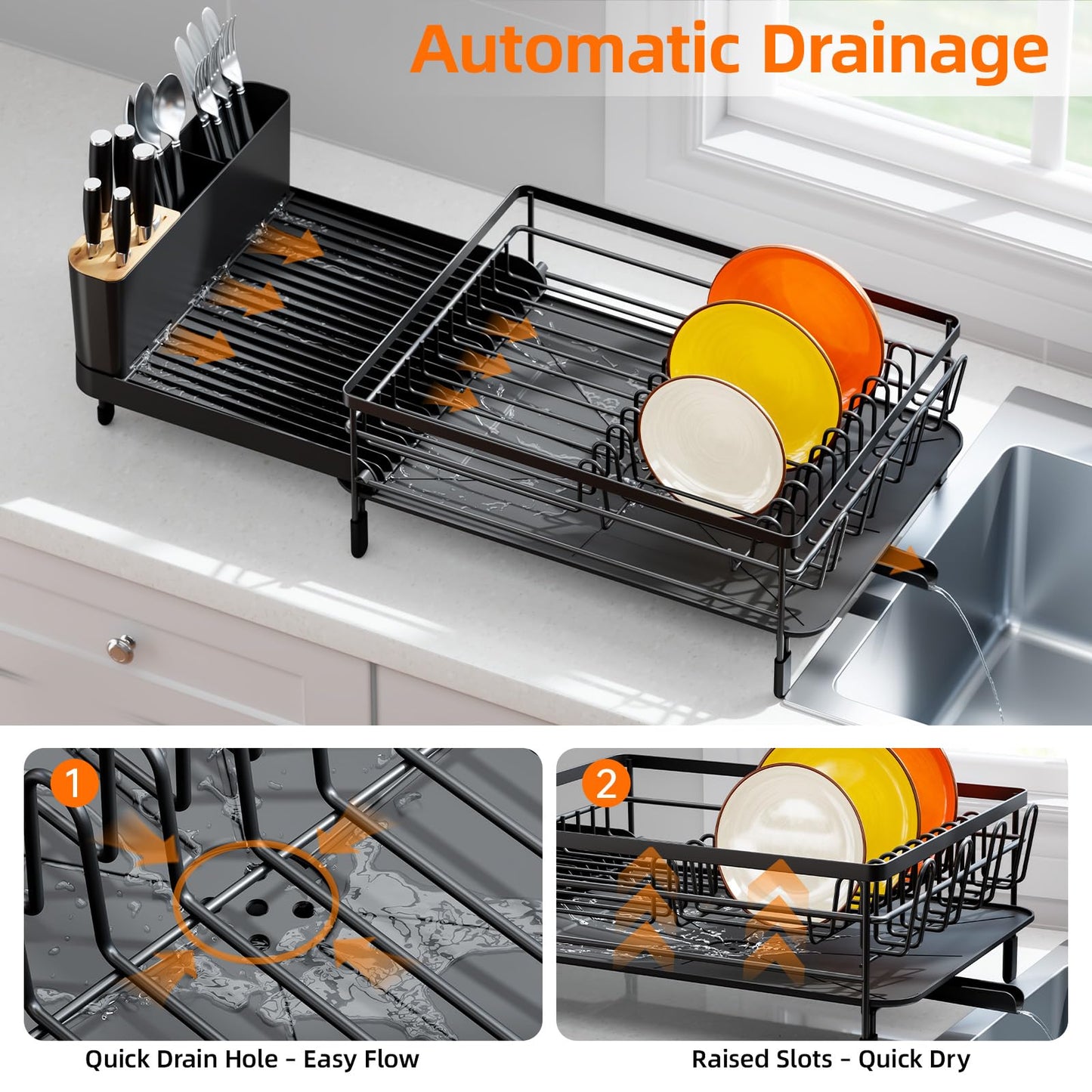 Urackify Large Dish Drying Rack, Expandable Dish Racks for Kitchen Counter, Multifunctional Dish Drainer with Utensil Holder & Cup Holder, 18.5"-26.7" L x 12.7" W, Black