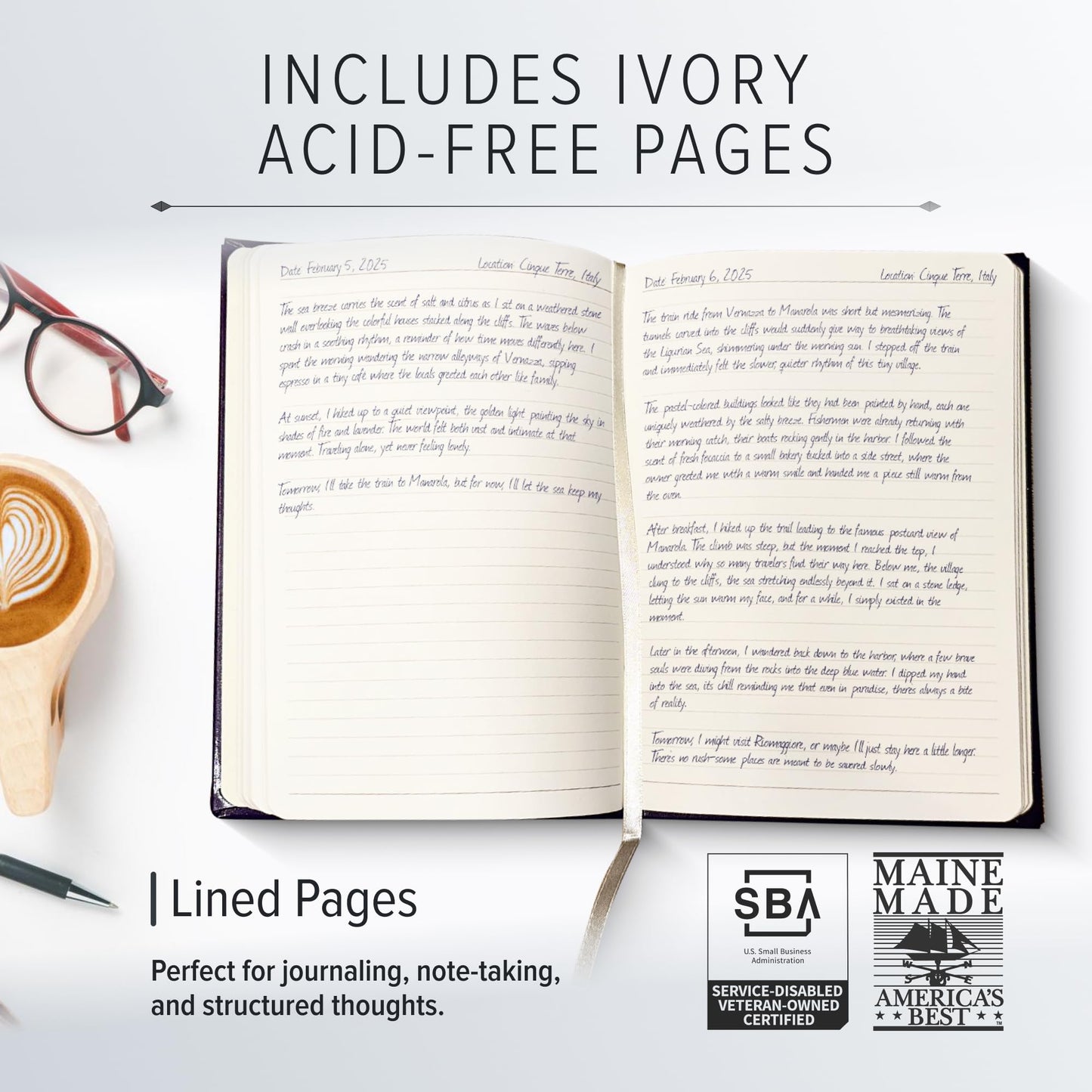 Gallery Leather Journal - Crafted in Maine, USA - Softcover, For Men and Women, For Writing, Work & Travel, 192 Lined Pages - A Safe Space for Your Thoughts - Acadia Tan, 8x5.5, Desk Lined