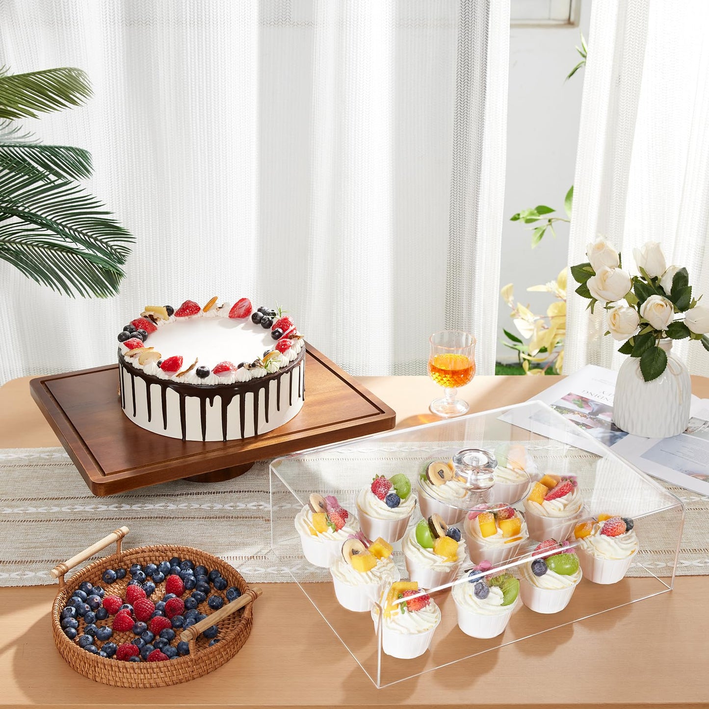 HouseJoy Acacia Wood Cake Stand with Lid-Extra Large 17" Rectangular Cake Holder,2-in-1 Dessert Table Display Set & Charcuterie Board,Acrylic Cake Dome Cover for Cheese/Veggie/Desert /Chips & Dip