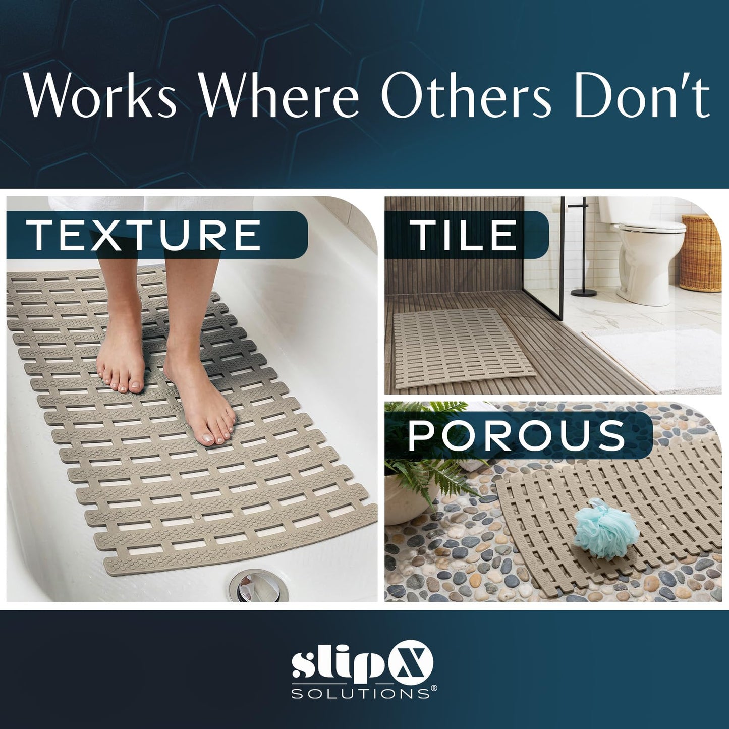 SlipX Solutions Weighted Non Slip Bath Mat for Textured Tub & Shower Surfaces, Patent Pending, Anti Slip Bathtub Safety Without Suction Cups, Doesn’t Float, Works on Tile & Stone 31” x 15”, Tan