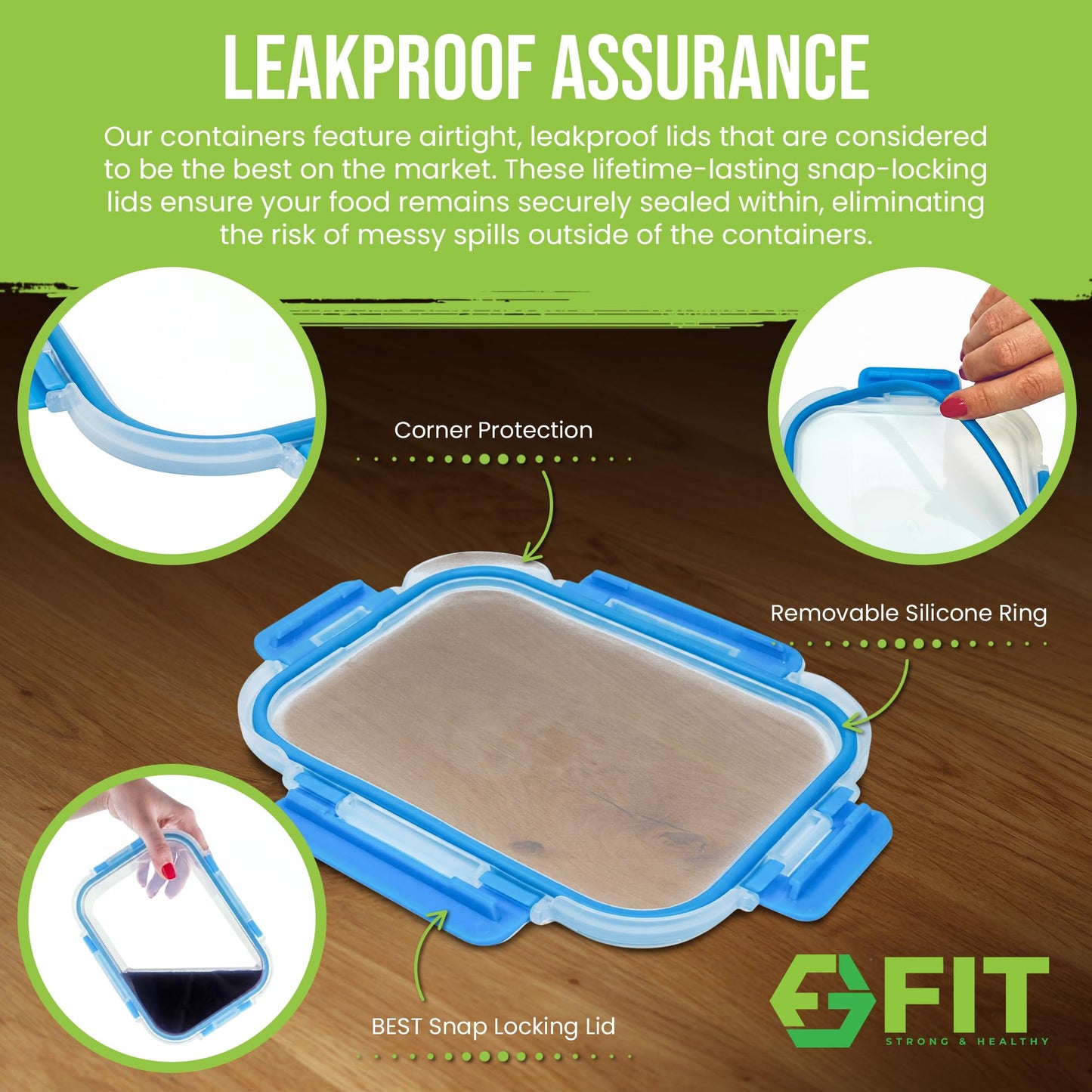 FIT Strong & Healthy Glass Meal Prep Containers, 2 & 3 Compartments - Portion Control, Lunch Container Set, Food Storage, Airtight Lids, Oven & Freezer Safe, Leak-Proof Bento Box, 32 oz, Blue, 4 Pack
