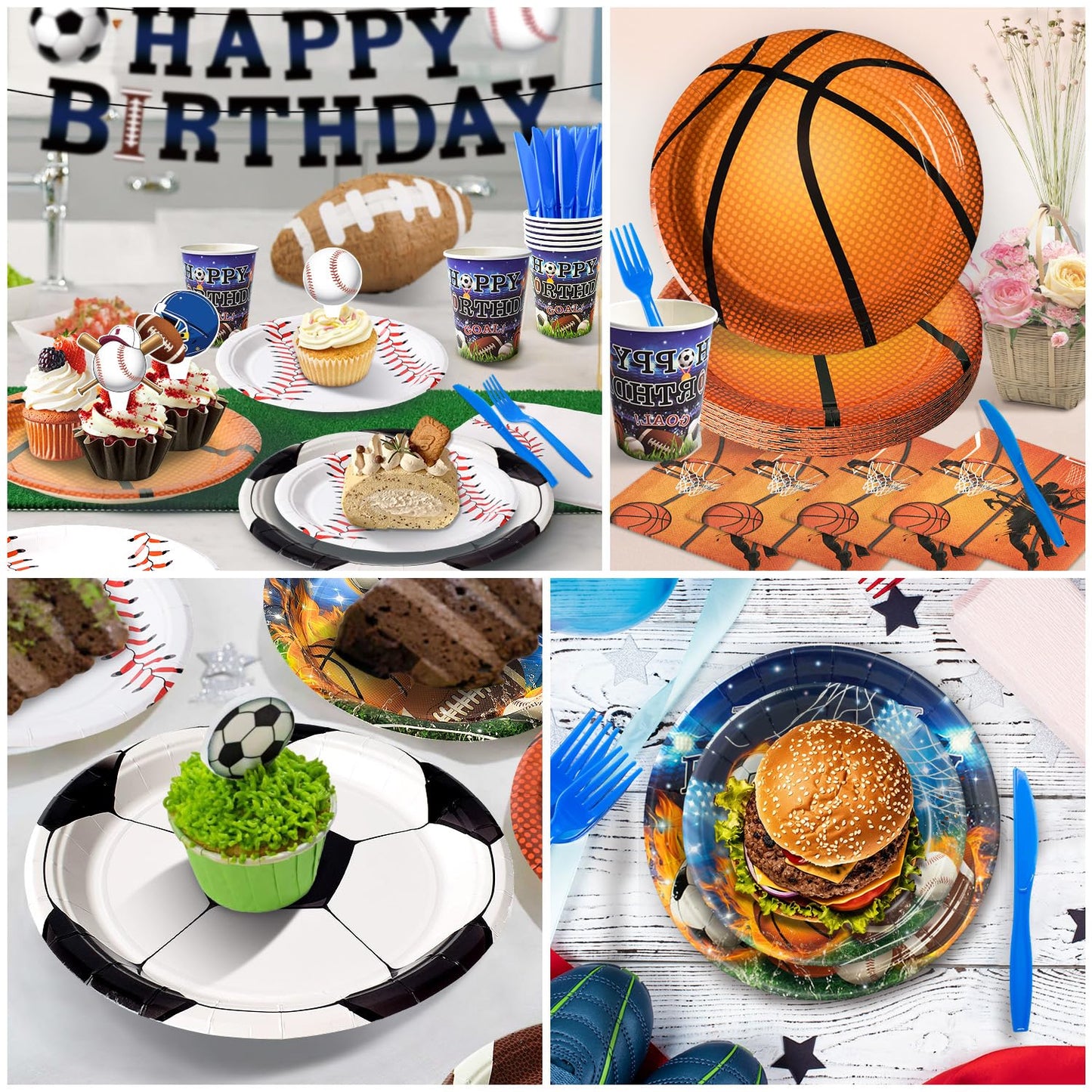 244 Pcs Sports Birthday Party Decorations - Serve 30, All in One Football Basketball Baseball Soccer Party Supplies Kit with Banner, Plates, Napkins, Balloons, Tableware for Boys Sports Themed Party