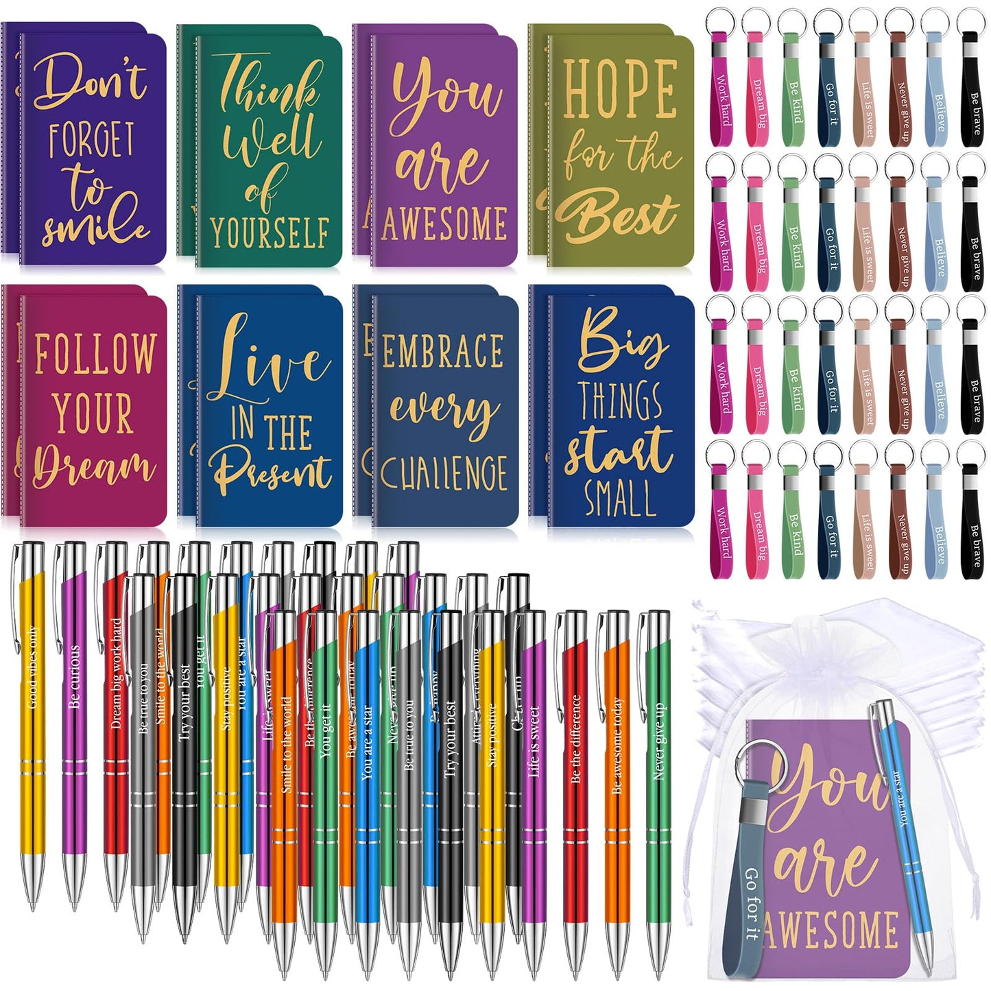 Pajean 128 Pcs Inspirational Gifts Bulk Motivational Notebooks Journal Ballpoint Pens Positive Keychains Organza Bags for Students Teachers Employee School Office Prizes Favors Supplies(Classic)