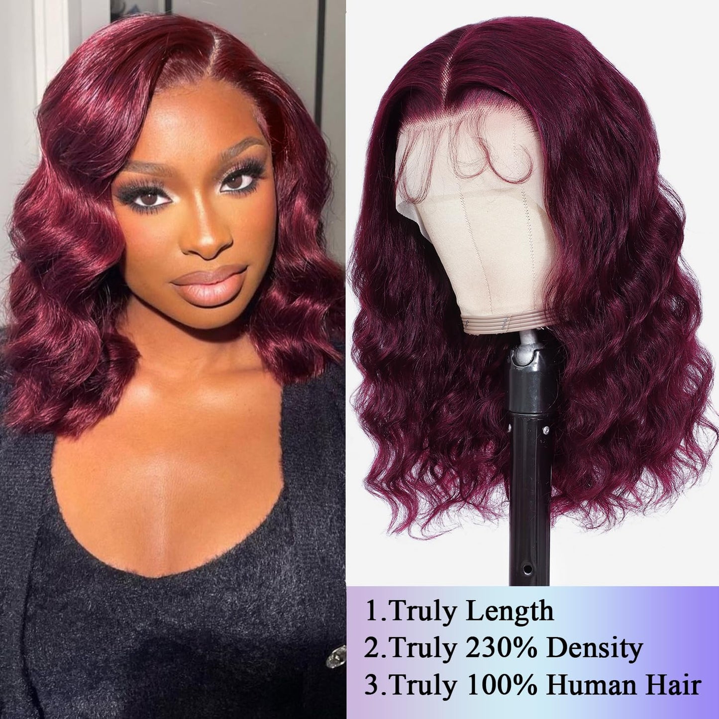 13X6 14inch 99J 230%Density Bob Body Wave Burgundy Wig Human Hair Red Bob Wig Human Hair Dark Burgundy Body Wave Bob Lace Front Wigs Pre Plucked With Baby Hair HD Transparent Lace Frontal Wig