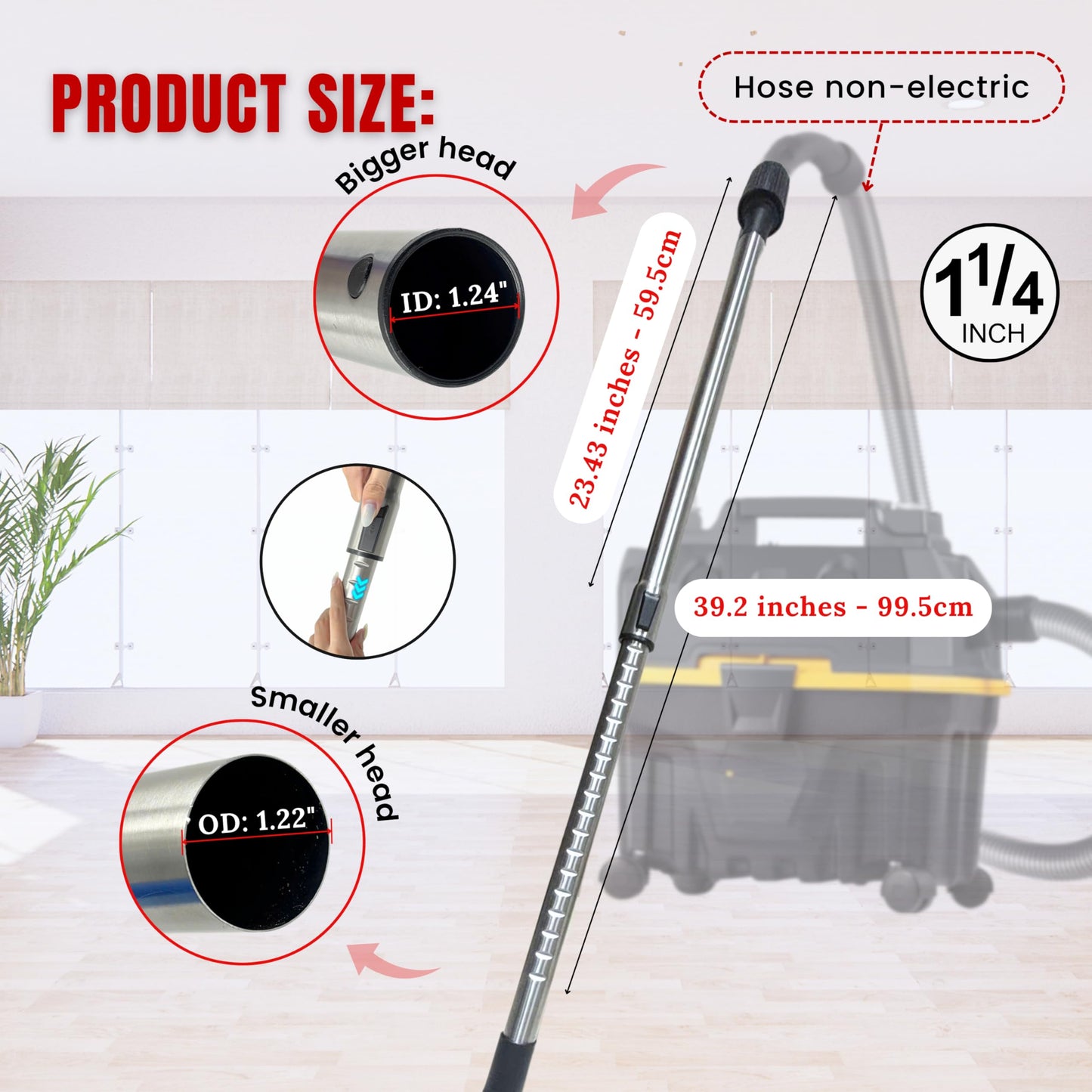 Vacuum Floor Brush & Extension Wand for Vacuum Cleaners with 1 ¼ inch (1.25'') (32mm) Inner Diameter with Horse Hair Soft Bristles - Hardwood Floor Attachment & Vacuum Extension Tube
