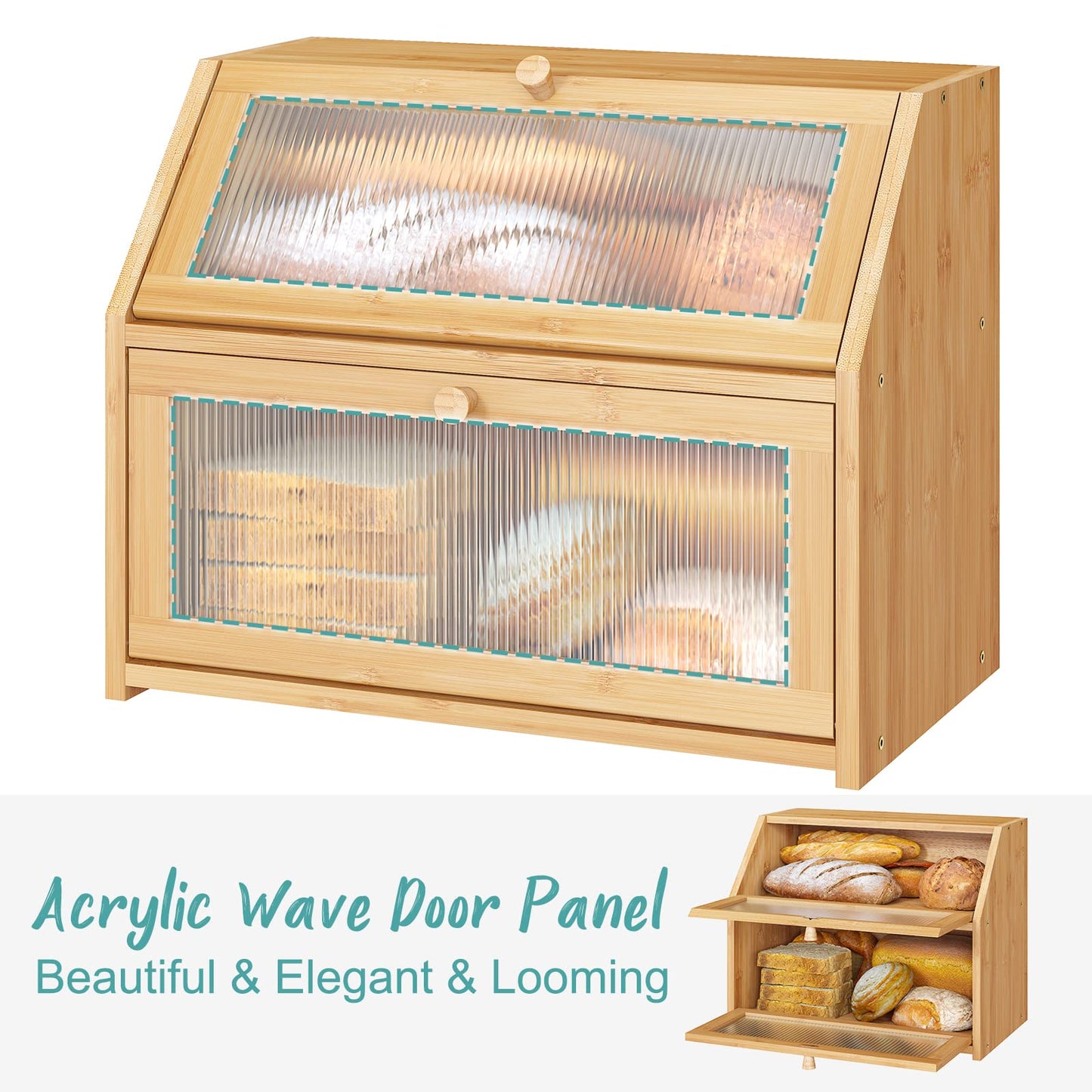 Vriccc Bread Box for Kitchen Counter, Large Bamboo Wood Double Layer Bread Box, Wooden Bread Storage Capacity