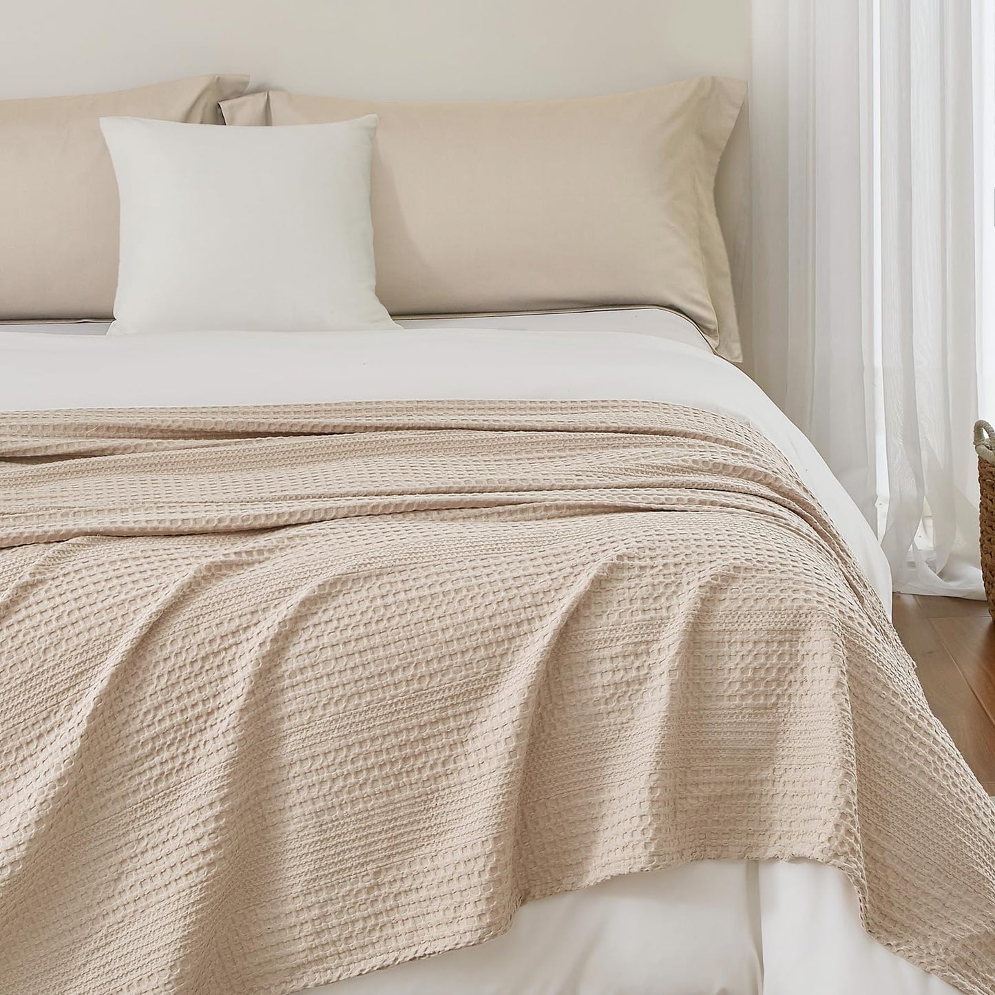 PHF Lightweight Waffle Weave Blanket King Size, Breathable & Ultra Soft, 104"x 90" Soft & Cozy Thin Blanket for Spring & Summer & Hot Sleepers, Bed, Home Decor - Light Tan