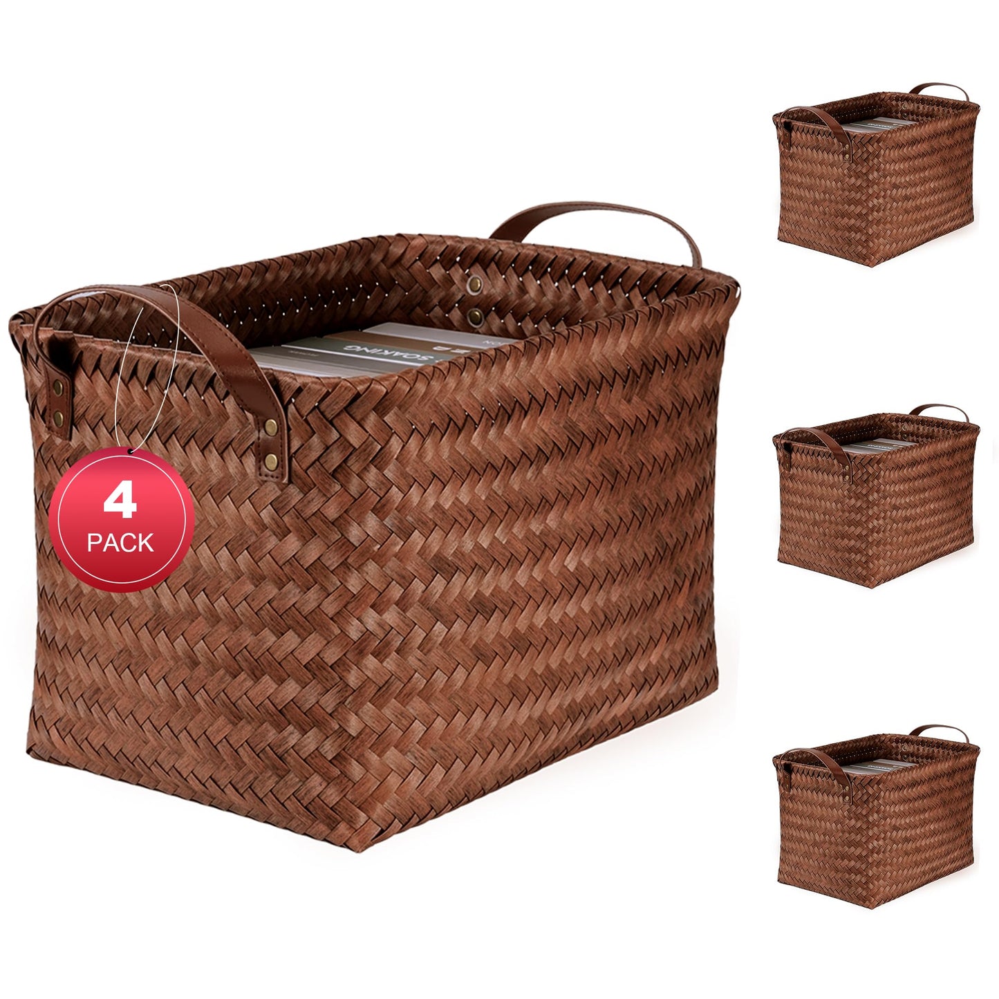 Stylave 15L Laundry Baskets Waterproof Storage Baskets For Shelves Large Laundry Hamper With Leather Handle -set of 4 Cube Organizers Woven Bins for Bathroom,Bedroom,Pantry,Clothes,Car & Towels-Brown
