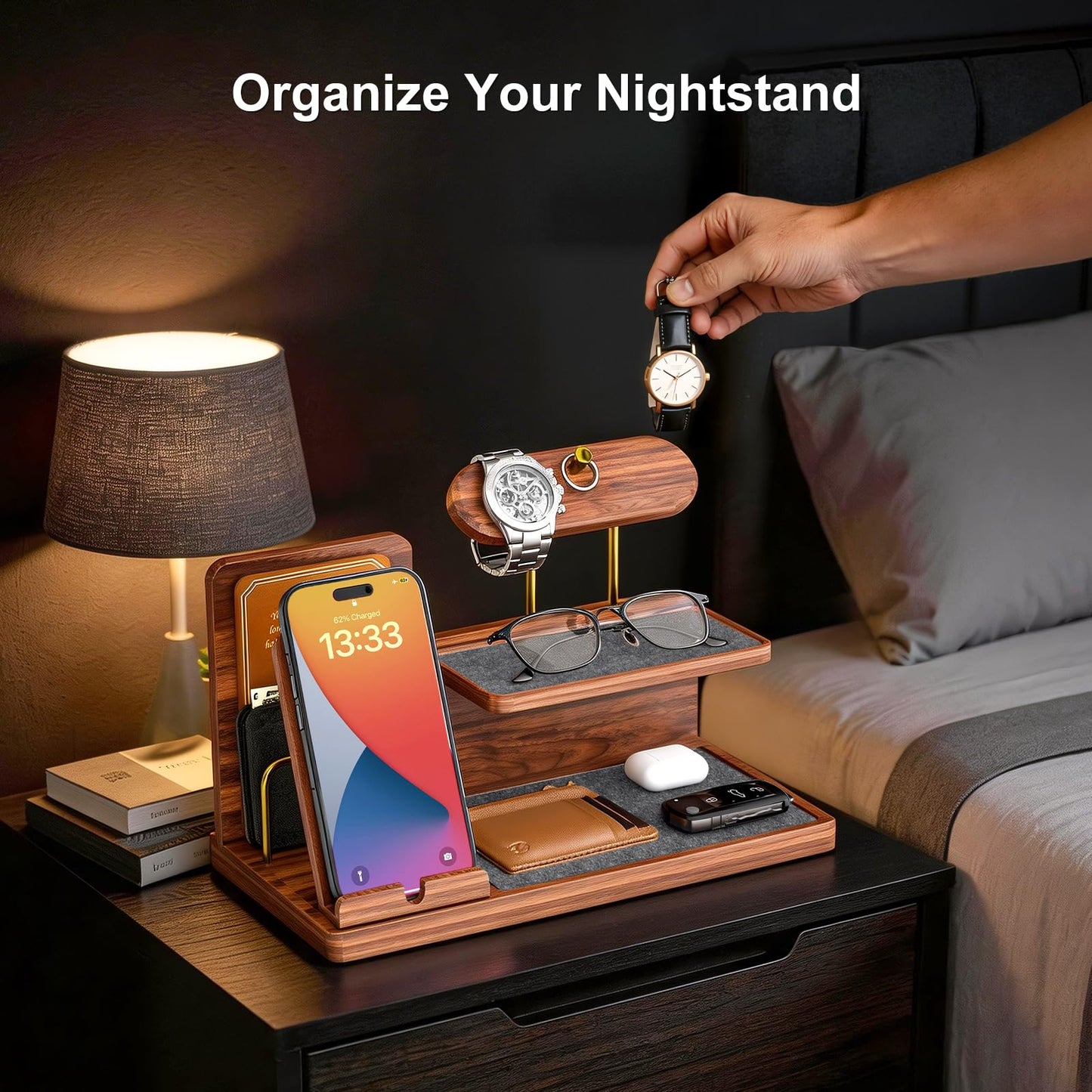UPERGO Fathers Day Gift for Dad, Wooden Nightstand Organizer Stand, Valet Tray EDC Caddy for Men, Desktop & Tabletop Home Decor – Phone Wallet Keys Watch Holder with Elegant Gift Box