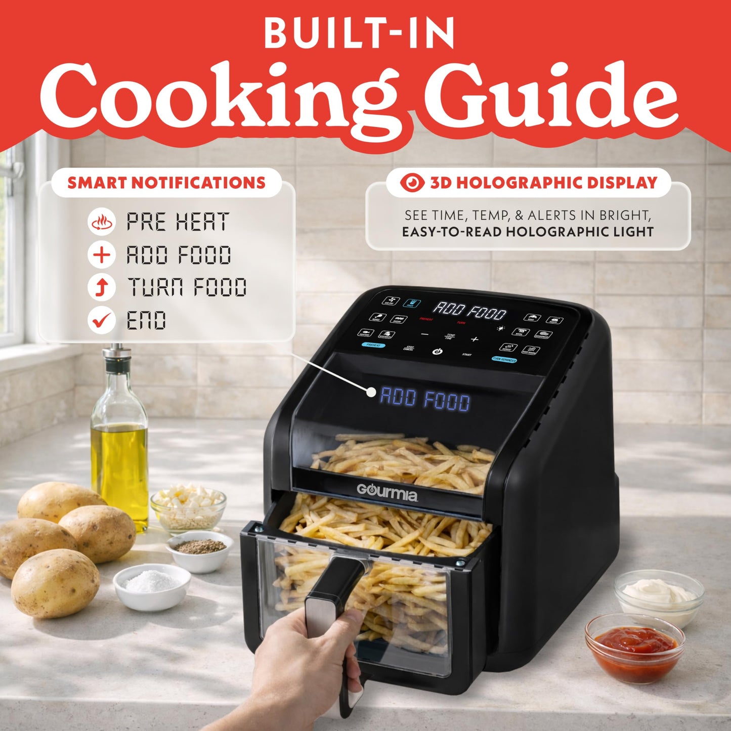 Gourmia Air Fryer 7 QT - Easy View Panorama Window & Interior Light, Guided Cooking with 12 One-Touch Presets, FryForce 360, Dishwasher Safe Accessories, Black
