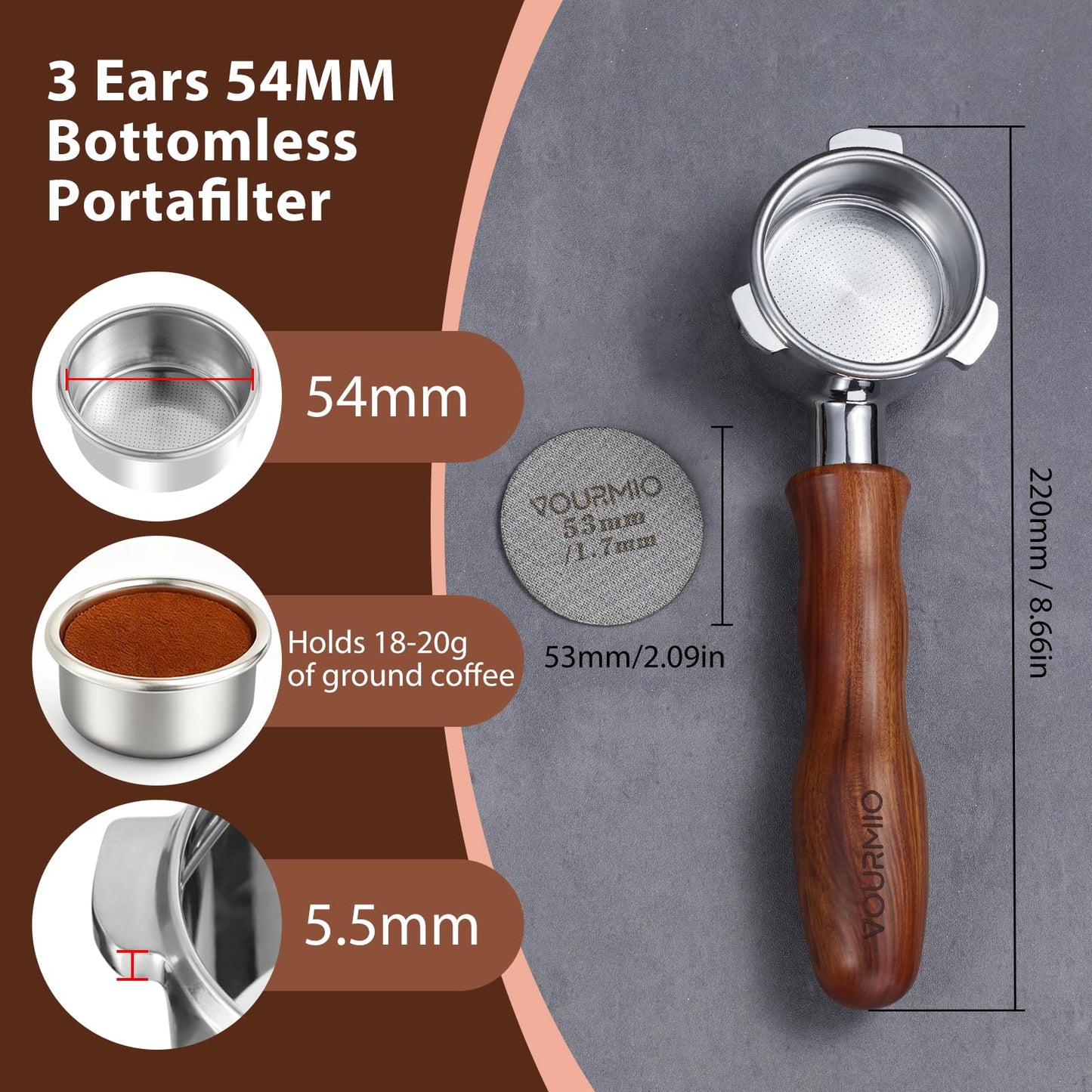 VOURMIO 54mm Bottomless Portafilter - Breville Compatible Naked Portafilter, Rosewood Handle & 18-20g Filter Basket & Puck Screen Included, Fits Barista Express, Pro, Touch, Bambino Plus, Infuser
