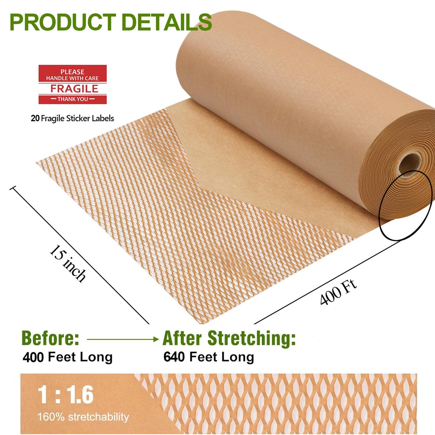 Honeycomb Packing Paper Wrap 15"x400' Sustainable Alternative to Bubble Cushioning Wrap Packing paper for Moving/shipping/packing Roll with 20 Fragile Sticker Biodegradable & Fully Recylable