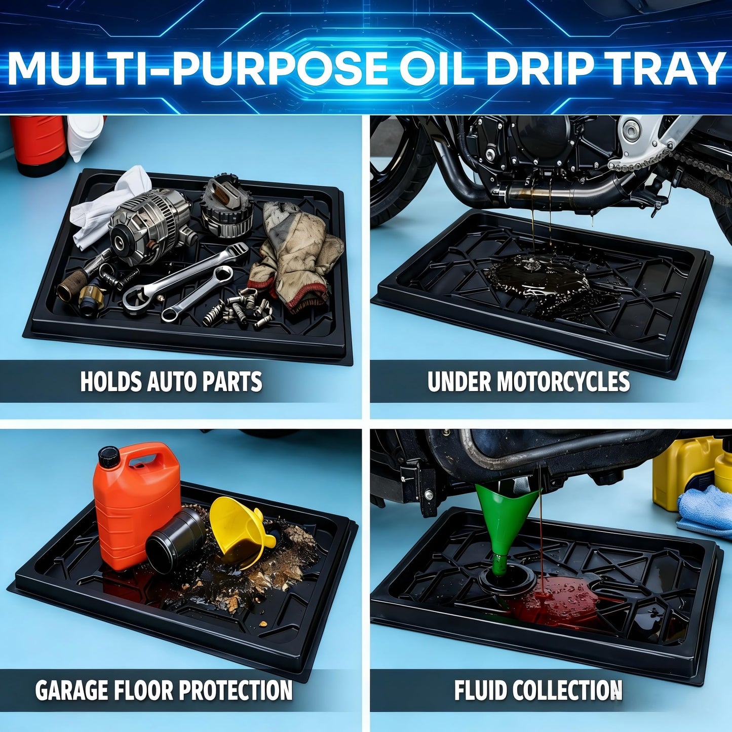 Oil Drain Pan for Car Maintenance, 37.4"x23.6"x1.5" Heavy Duty Oil Drip Tray with Geometric Channel Design | HDPE Oil Catch Pan for Vehicle Lifts, Garages & Workshops | Leak-Proof Oil Leak Catcher Pan