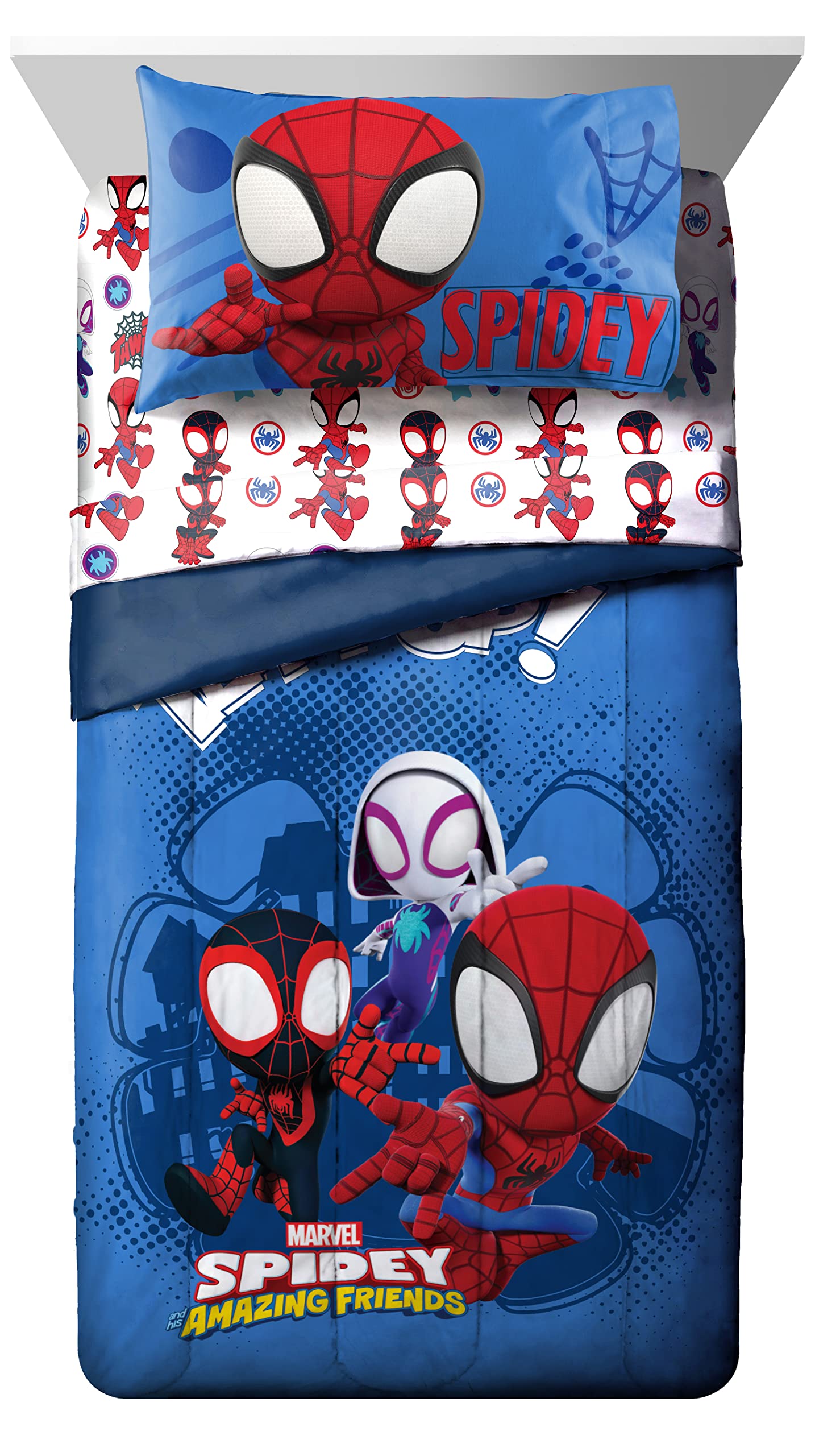 Jay Franco Marvel Spiderman Toddler Bedding Set, 4 Piece Toddler Comforter Spidey and His Amazing Friends, Comforter & Sheets, Fade Resistant Microfiber, Machine Washable (Official Marvel Product)