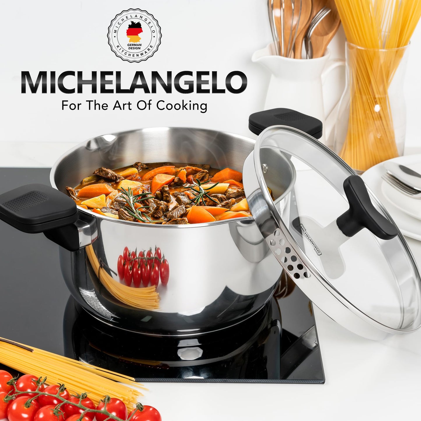 MICHELANGELO Stainless Steel Pasta Pot with Strainer Lid - Pasta Cooker | 6 Quart Induction Pot for All Cooktops, 6 Qt Spaghetti Pots with Strainer Lid