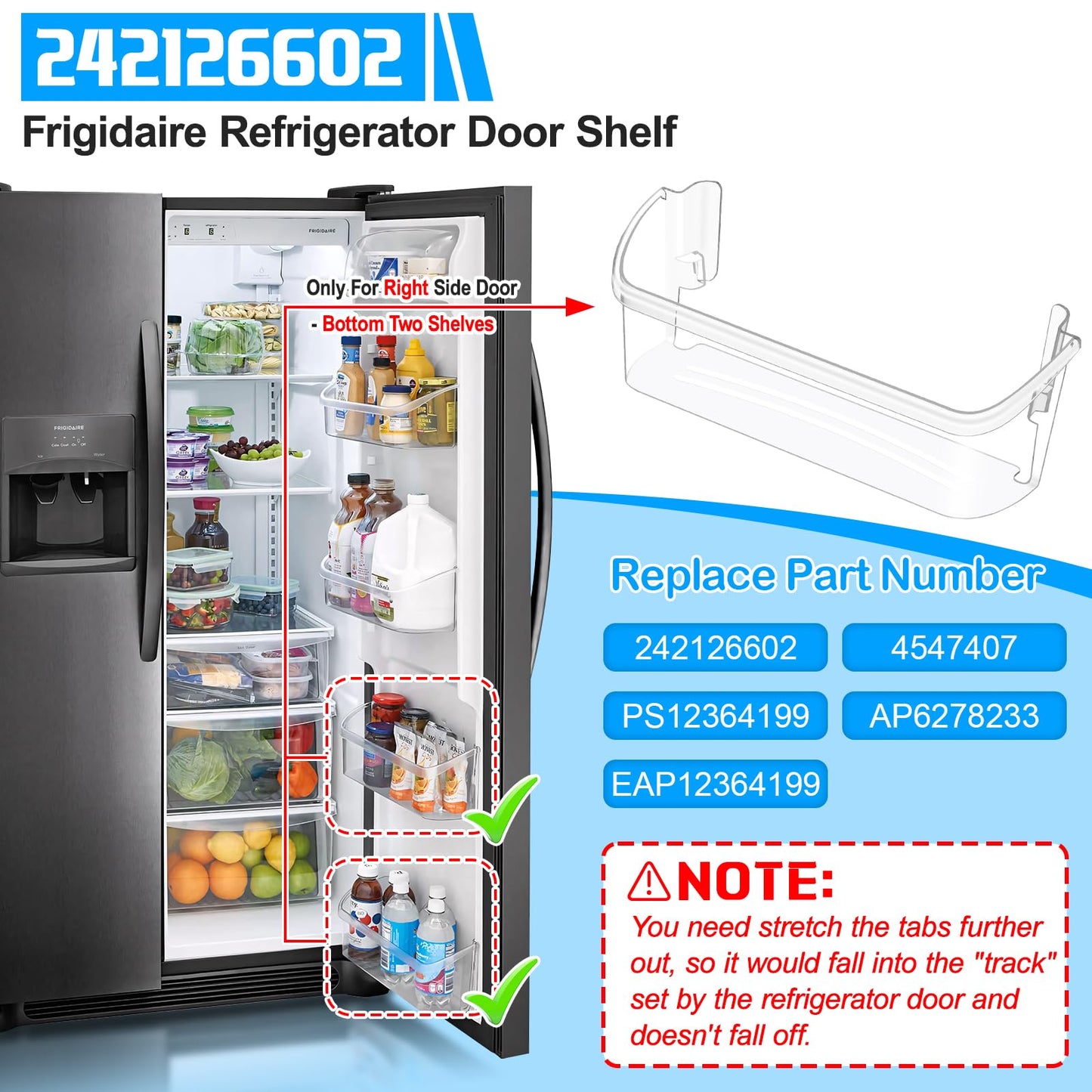 [2 PACK] UPGRADED 242126602 Refrigerator Door Bin Shelf Replacement For Frigidaire Door Shelf Replacement -LFSS2612TF0 LFSS2612TF4 Frigidaire Door Bin Bottom Shelf Parts 2421266 PS12364199 Shelves