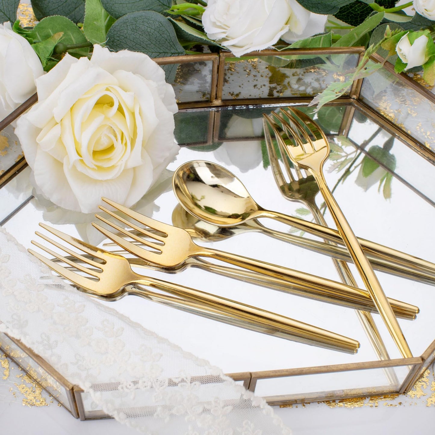 SUT 200PCS Gold Plastic Forks and Spoons Heavy Duty Set, Gold Disposable Silverware, gold Cutlery, Disposable Utensils, Plastic Flatware Includes 100 Forks, 100 Spoons for Party