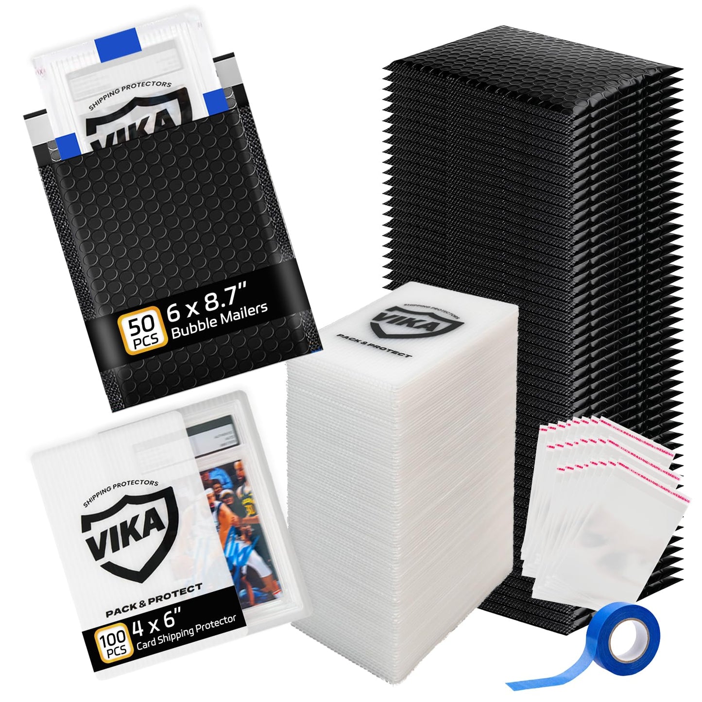 Trading Card Shipping Kit - 100 Pcs 4''x6'' Trading Card Shipping Protectors, 50 Pcs 6''x8.7'' Envelope Bubble Mailers, 20M Painter’s Tape, 50 Cellophane Bags, Fits PSA/BGS/CGC Slabs, Raw Cards