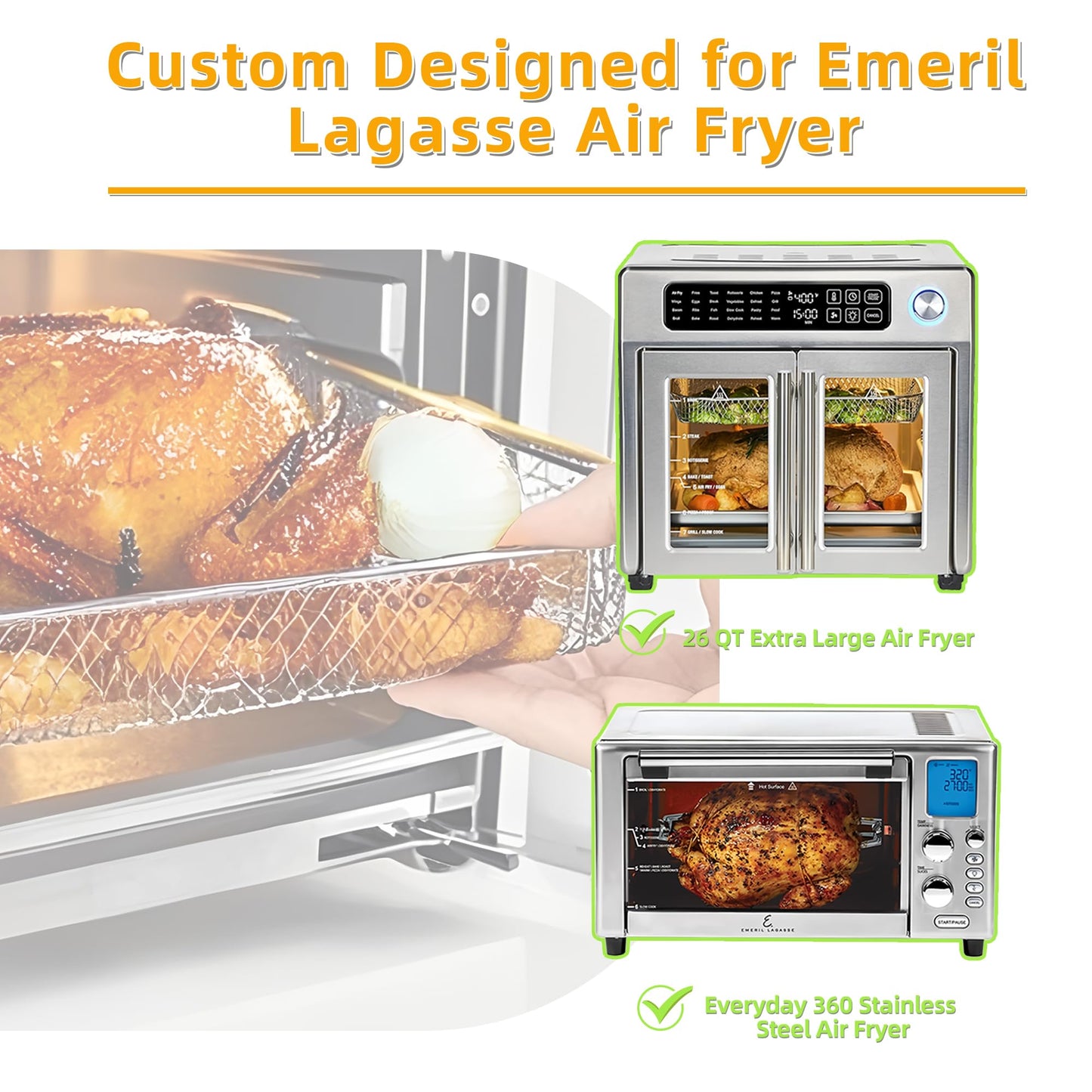 Air Fryer Accessories for Emeril Lagasse 26 Qt Extra Large & Everyday 360, Emeril Lagasse Air Fryer Basket and Pans for Oven with 100Pcs Disposable Parchment Paper, 4Pcs Reusable Teflon Mat