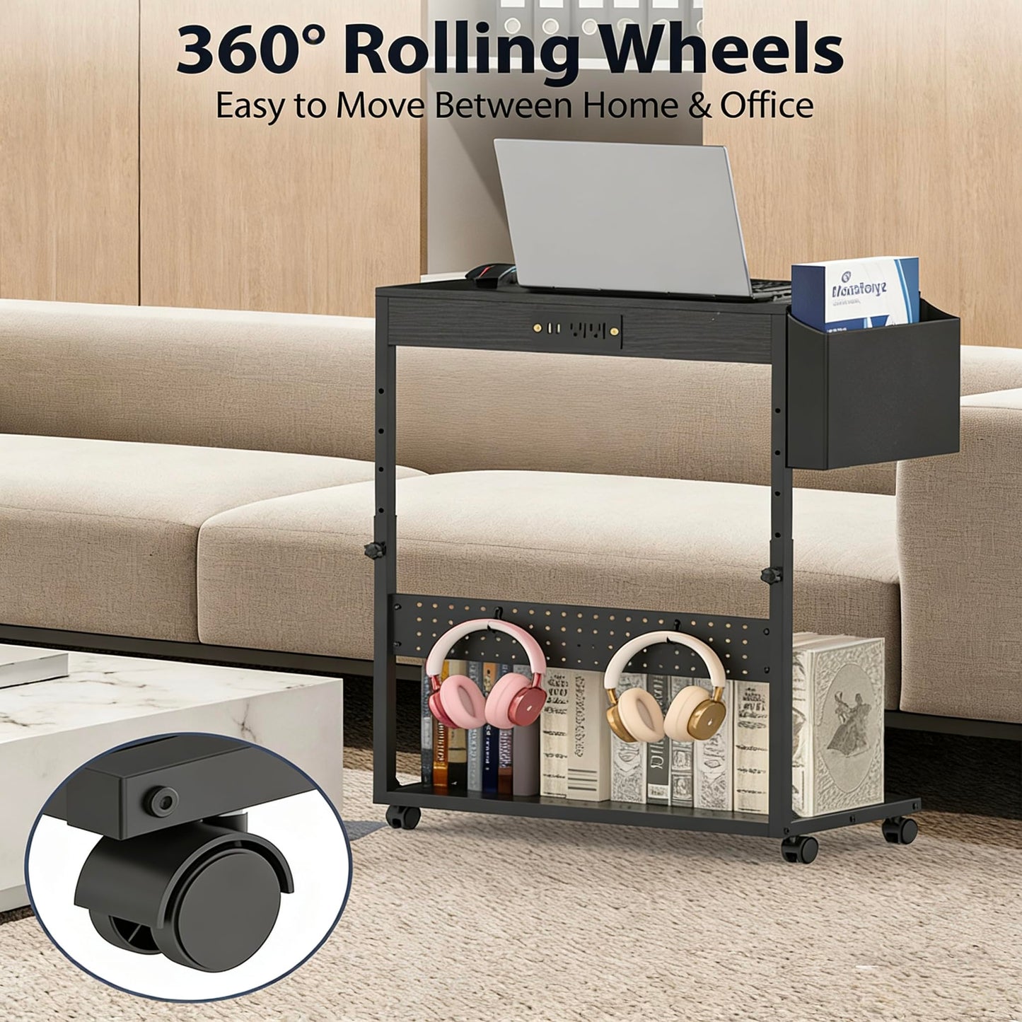 Adjustable Computer Tower Stand with Charge Station,Heavy-Duty Rolling PC Stand, CPU Tower Cart with Wheels for ATX Gaming Computer,Under Desk Holder,Black