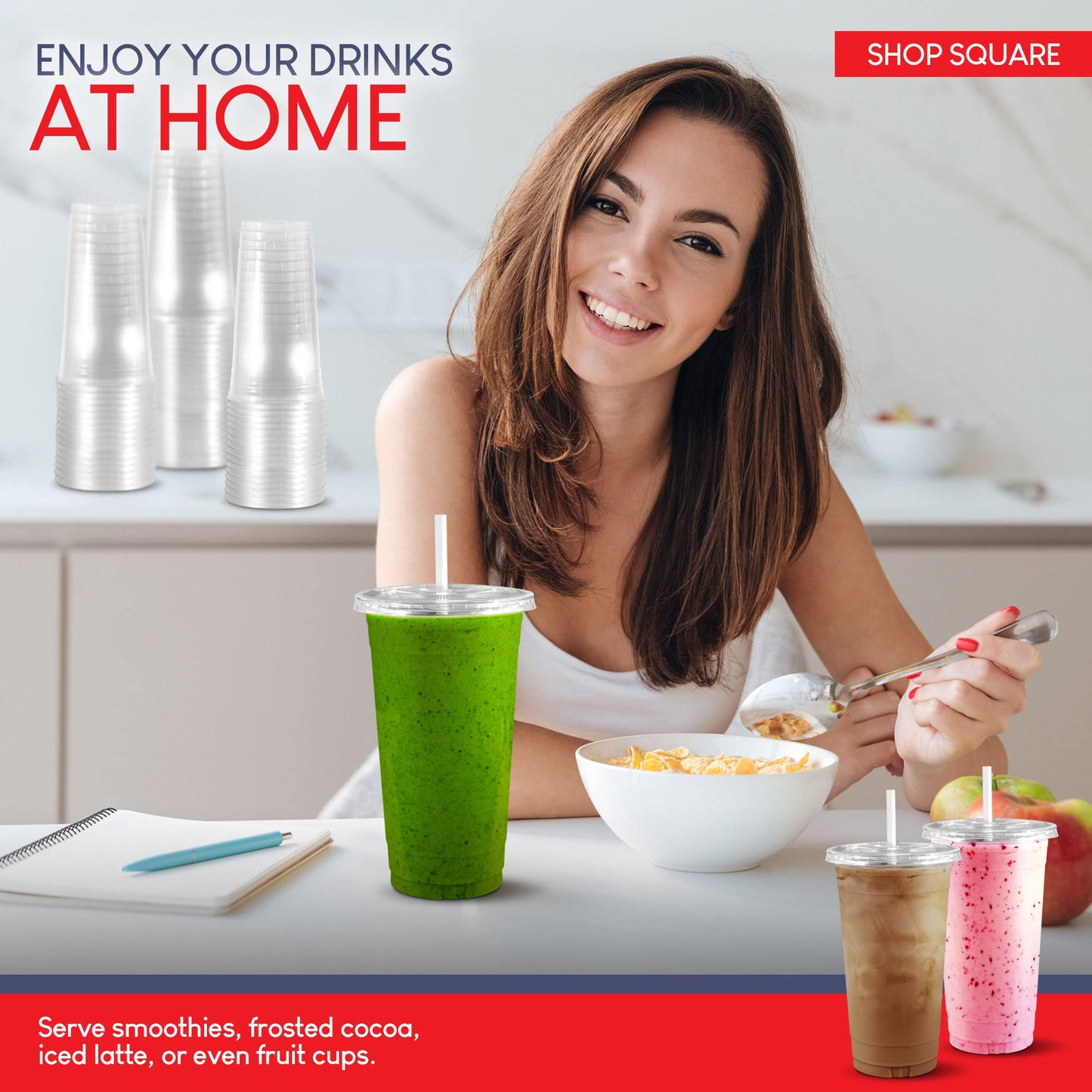 Shop Square 32 oz Plastic Cups with Lids (50 Pack) - Disposable Clear Cups for Iced Coffee, Boba, Milk Tea, Smoothies, and Fruit Shakes for Parties, Cafes, Restaurants