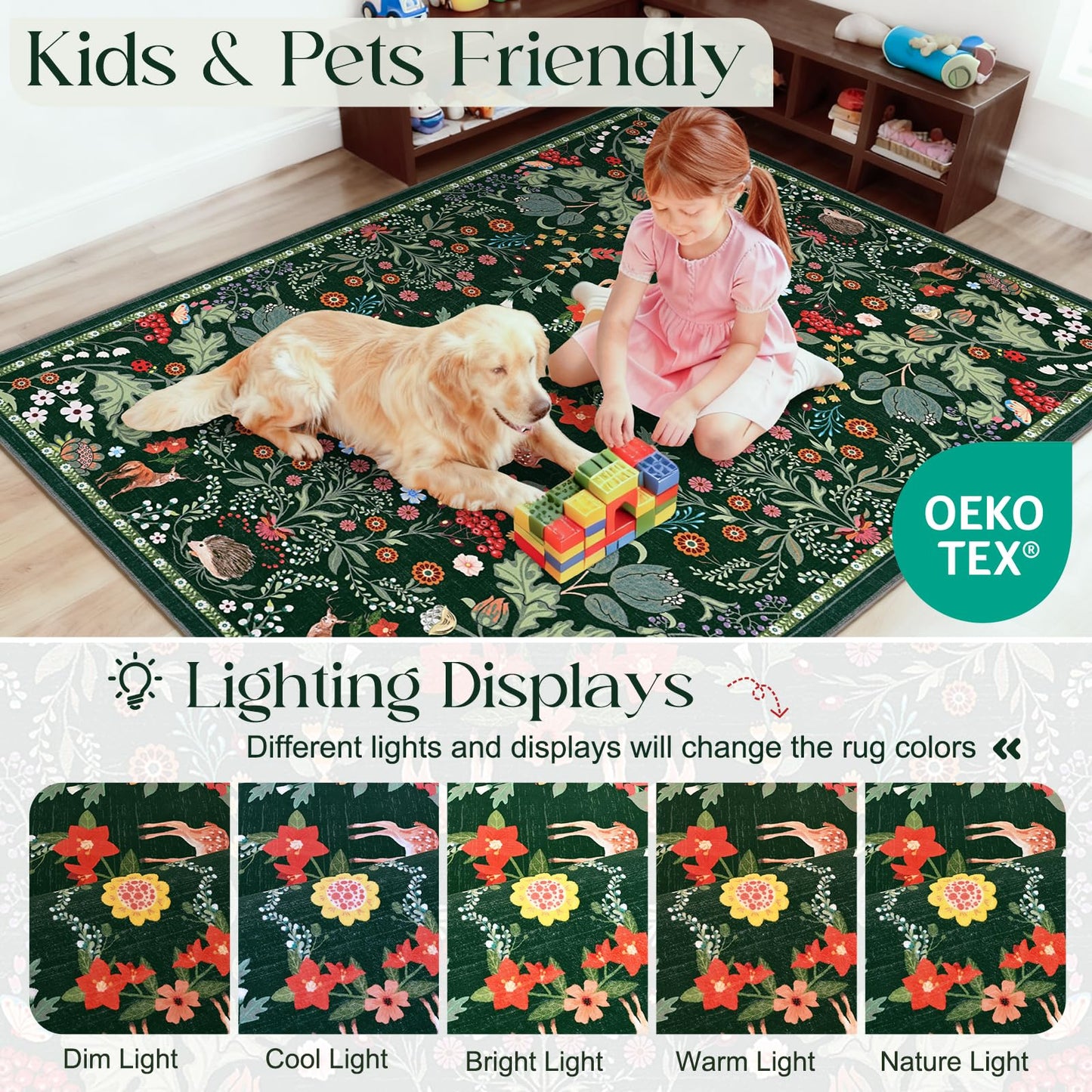 Yinhua 8x10 Area Rugs Floral Washable Rugs for Living Room Green Rug Non Slip Soft Low Pile Faux Wool Botanical Throw Rug for Bedroom, Dining Room, Office, Home Decor, Green