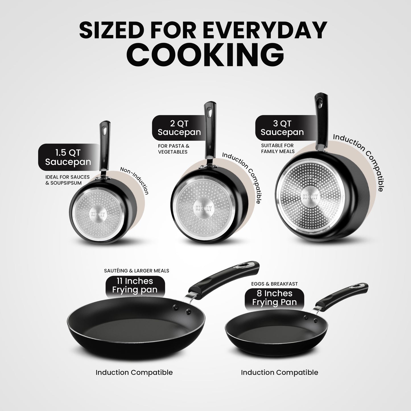 KICHLY 8 Piece Pots and Pans Set, Non Stick Kitchen Cookware Set with 20cm & 28cm Frying Pans and 16cm, 18cm, 20cm Saucepans with Lids, Induction Compatible Pots and Pans Set Non Stick, Black