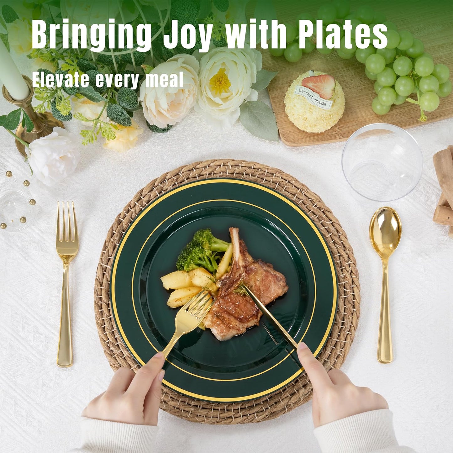 WDF Partyware 350PCS Green and Gold Plates - Green Plastic Plates 50Guests Plastic Plate with Rolled Napkins for Party/Birthday/World Cup 2026