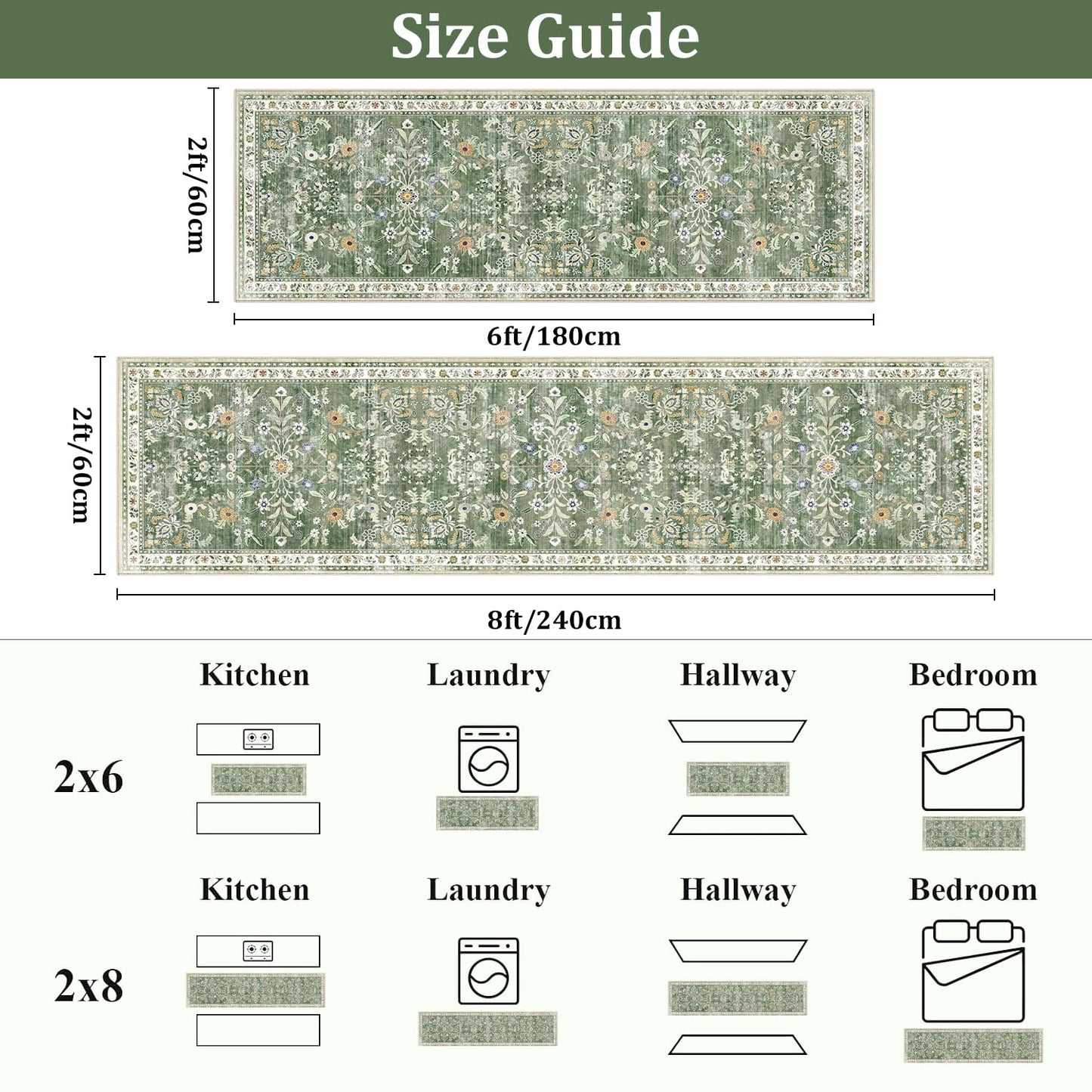 Yamaziot Washable Runner Rug 2x8 – Non Slip Boho Floral Hallway Runner Rug with Rubber Backing, Low Pile Wool Distressed Carpet for Kitchen, Laundry, Bedroom, Entrance, Mottled Green