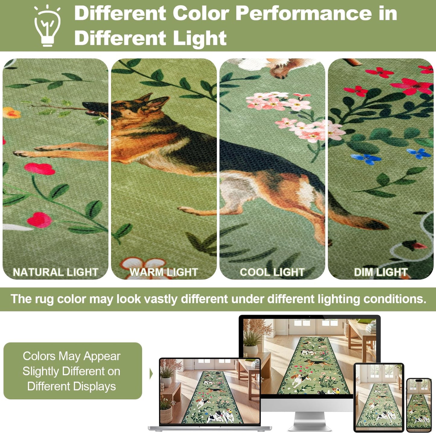 LOKHOM Hallway Runner Rug 2x8 Washable Animal Dog Print Linen Kitchen Rug with Rubber Backing, Non Slip Low Pile Soft Boho Floral Carpet for Entrance Laundry Bedroom, Green