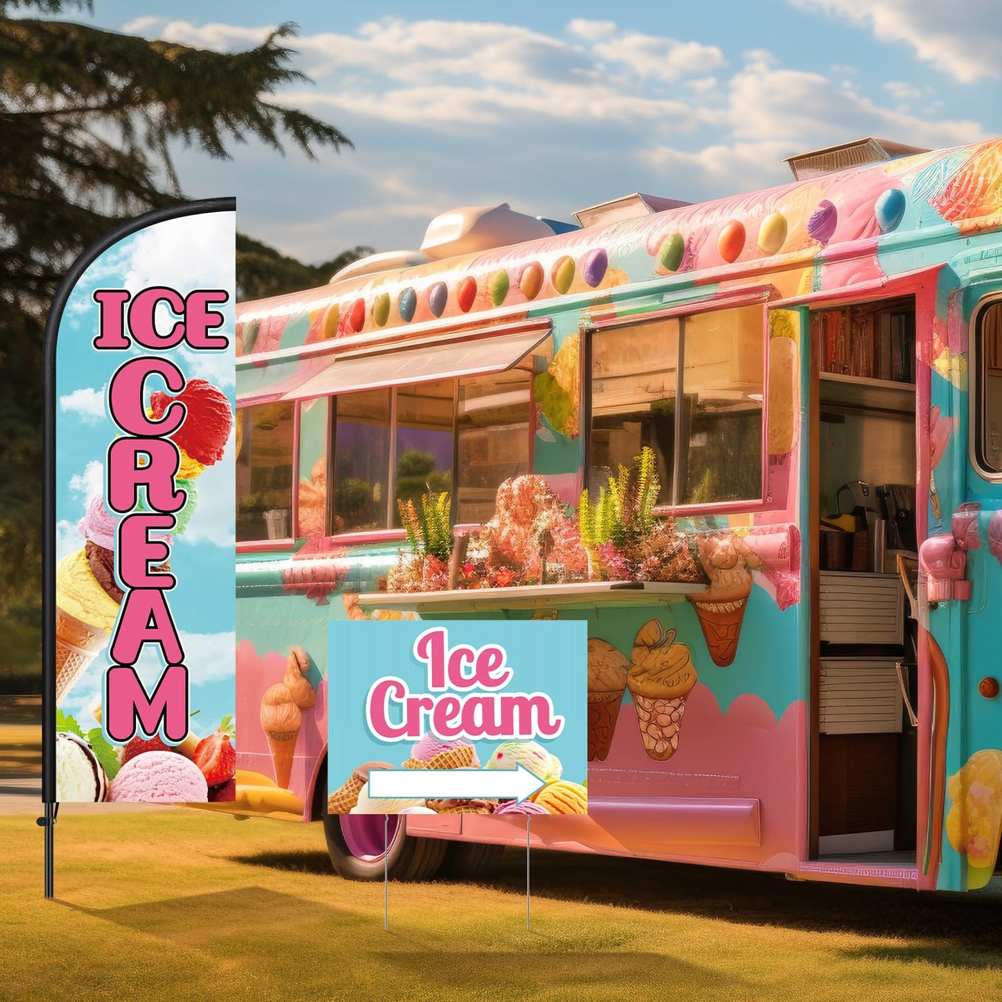 Hahafelt 3 Pcs Ice Cream Shop Sign 1 Pcs 7 ft Ice Cream Flag with Pole Kit Yard Sign with Metal Stakes Feather Windless Swooper Shop Flags for Outdoor Business Advertising