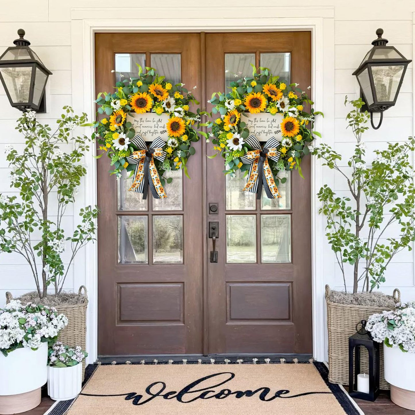 CHvista Spring Wreaths for Front Door 24 Inch Handmade Spring Summer Wreath with Artificial Sunflowers,Welcome Message Sign & Elegant Bow and White Yellow Daisy Wildflowers for Home,Porch&Gift Giving