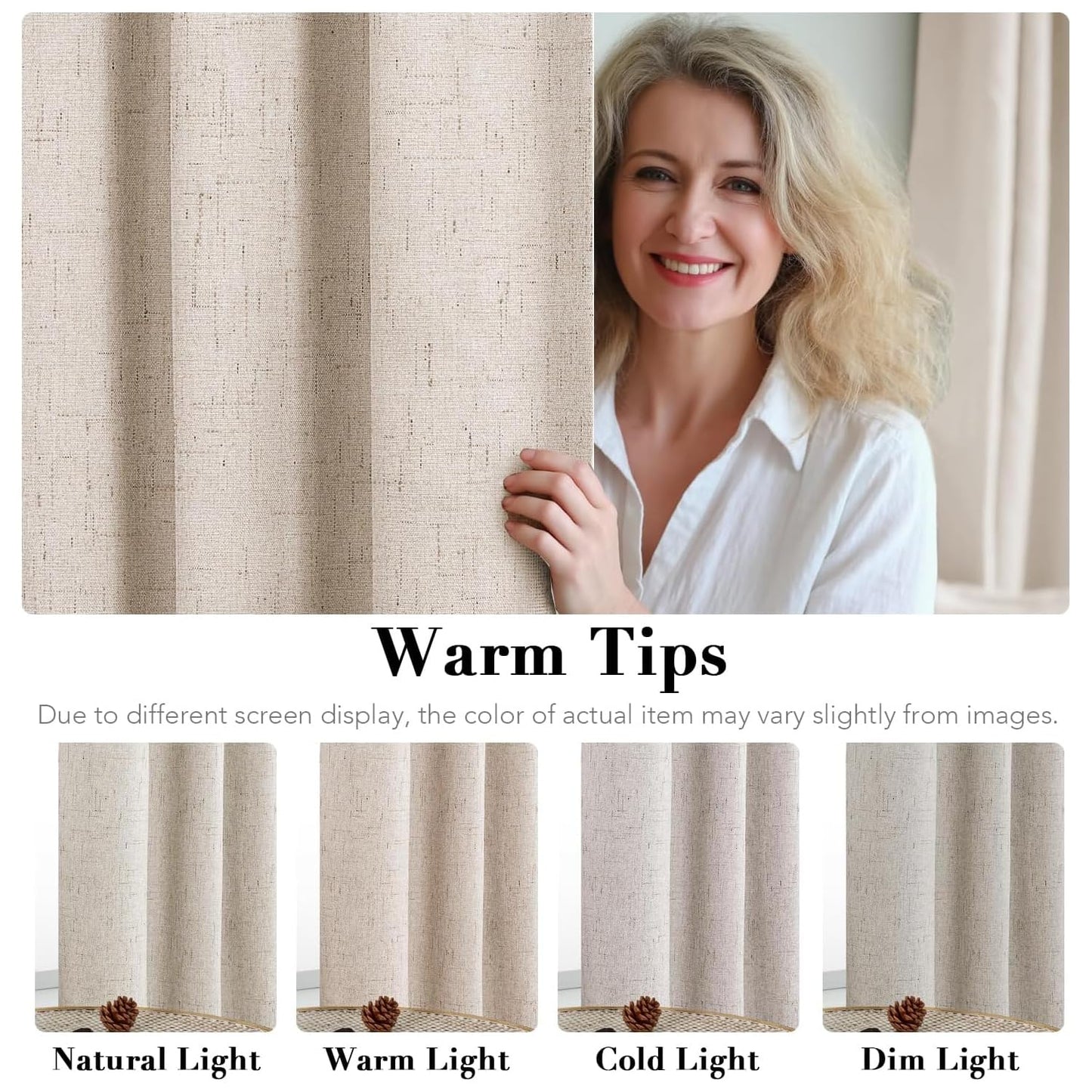 H.VERSAILTEX Linen Curtains 100% Blackout Curtains for Bedroom 90 inch Long Full Light Blocking Nature Linen Blended Window Curtains for Living Room Nickel Grommet (2 Panels, Natural)
