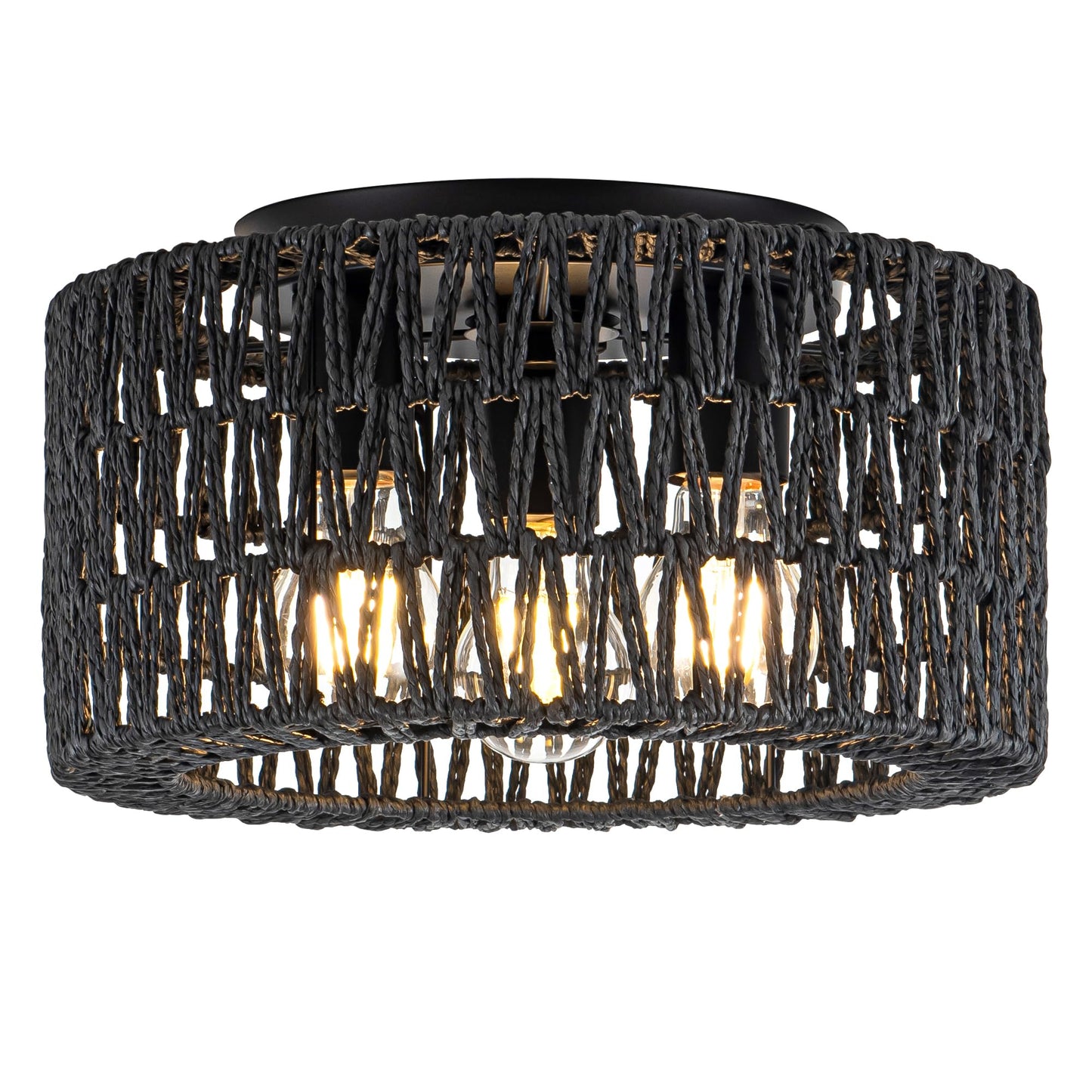 Rattan Ceiling Light Fixture, 3-Light Bohemian Modern Woven Ceiling Light, Black Boho Flush Mount Ceiling Light for Bedroom Living Room Dining Room, Bulb Not Included