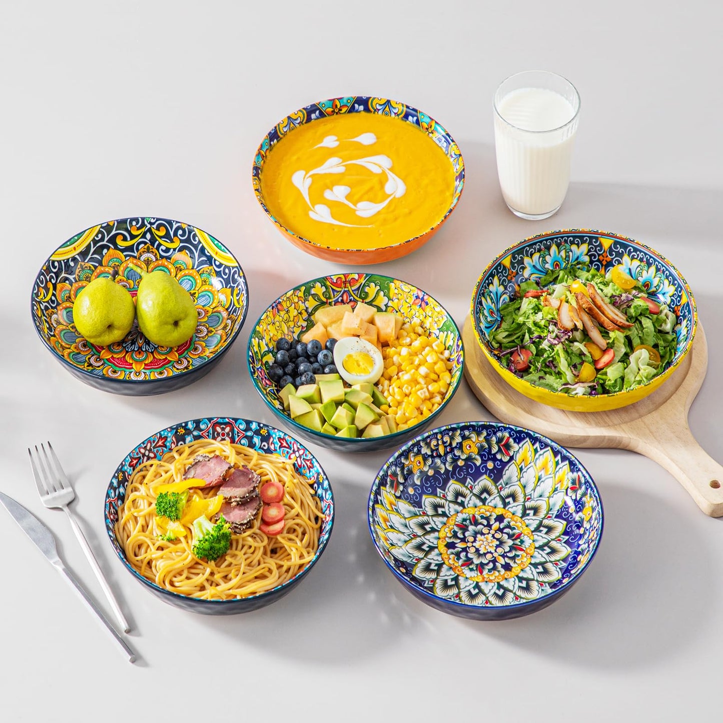 vancasso 32 Oz Pasta Bowls Sets of 6, Ceramic Large Colorful Salad Serving Bowls for Kitchen, Dishwasher & Microwave Safe, Soup Pasta Plates