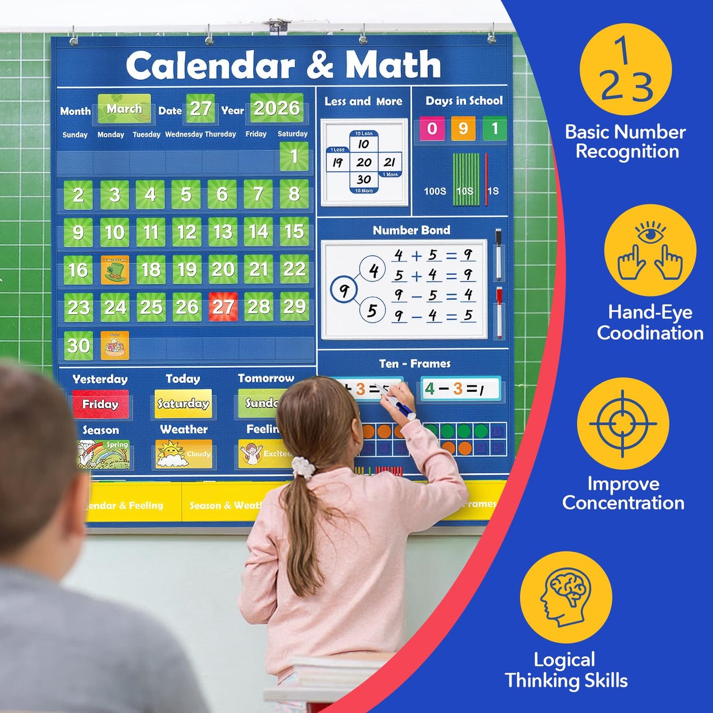 Quilinz Pocket Chart for Classroom,Toddler Preschool Math Calendar,Circle Time Learning Center,Math Manipulatives with Counting,Addition and Subtraction Games,Homeschool Supplies,Classroom Must Haves