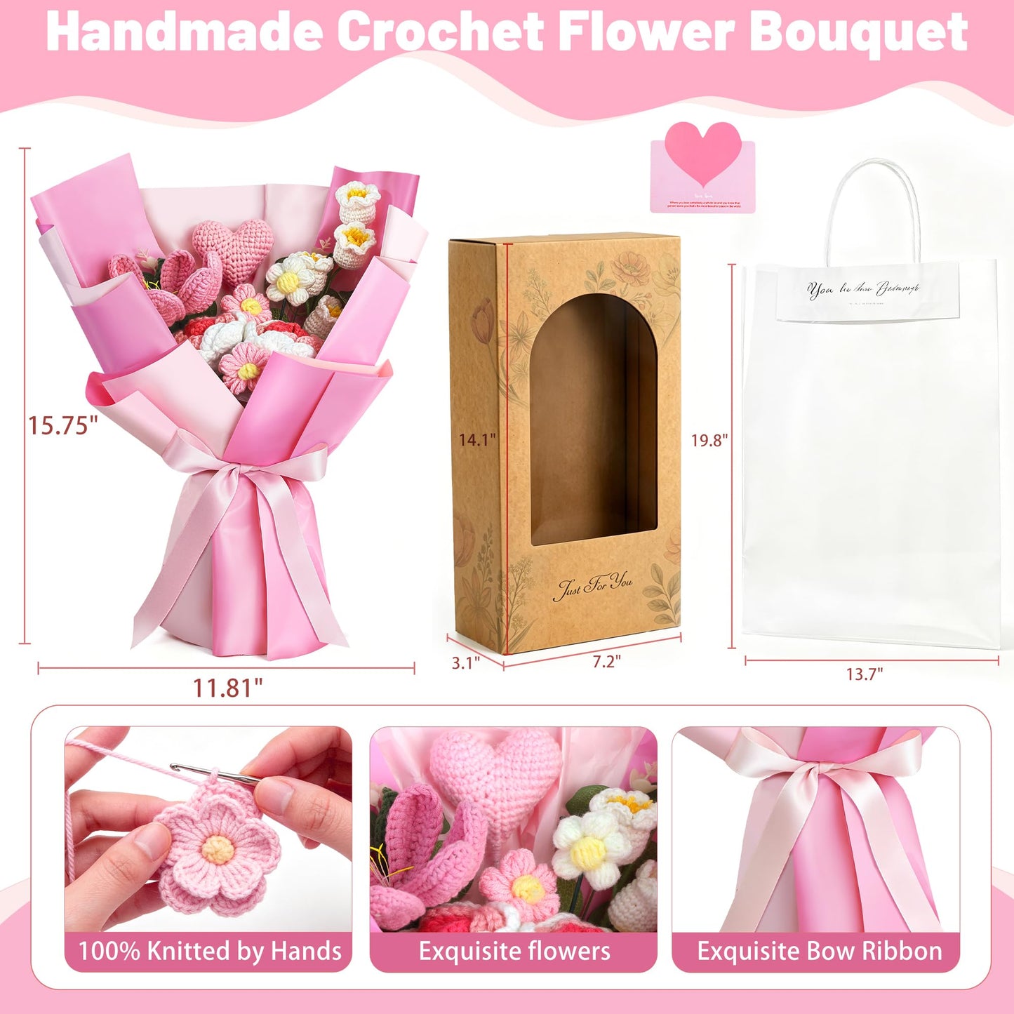 TORONTOKYO Crochet Flower Bouquet 2026, Pink Handmade Knitted Flowers, Artificial Graduation Flowers with Gift Bag Card, Crochet Flowers Graduation for Friend, Birthday, Anniversary, Mothers Day